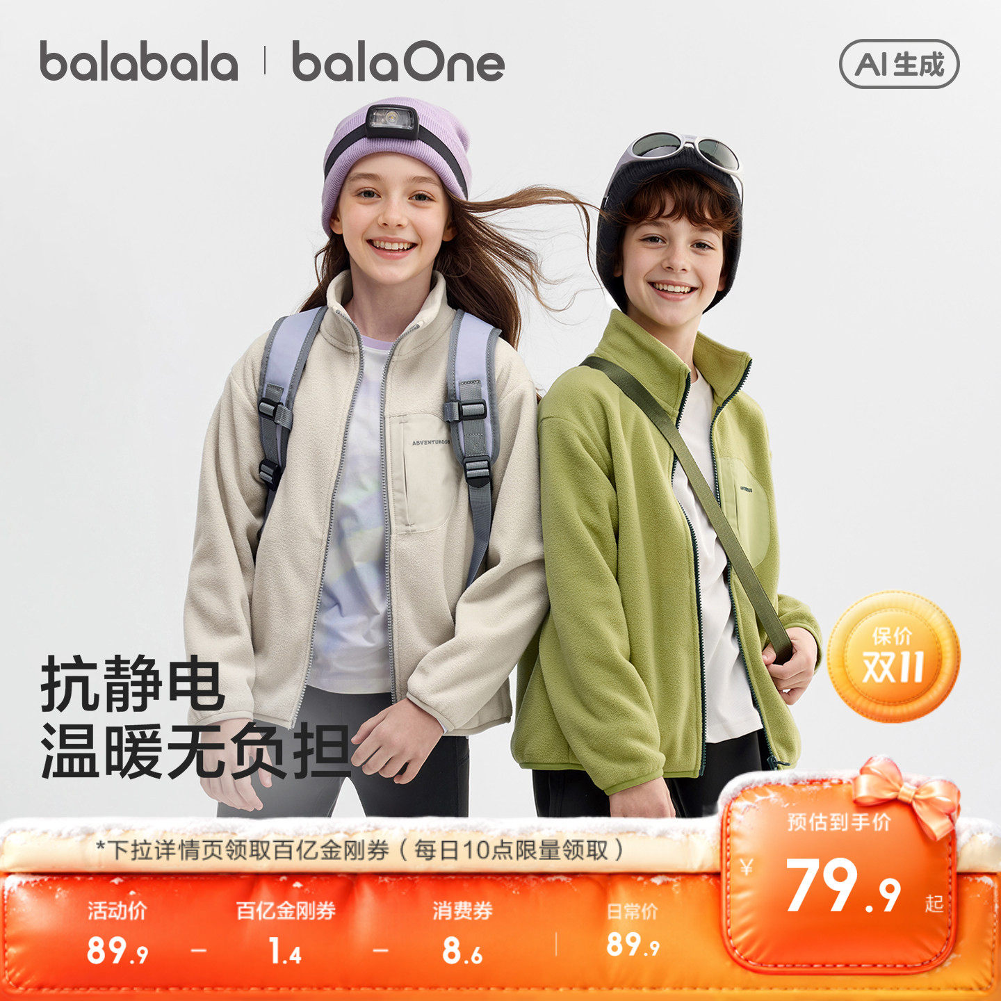 巴拉巴拉童装儿童外套男童女童宝宝2026秋冬装摇粒绒抗静电亲子装