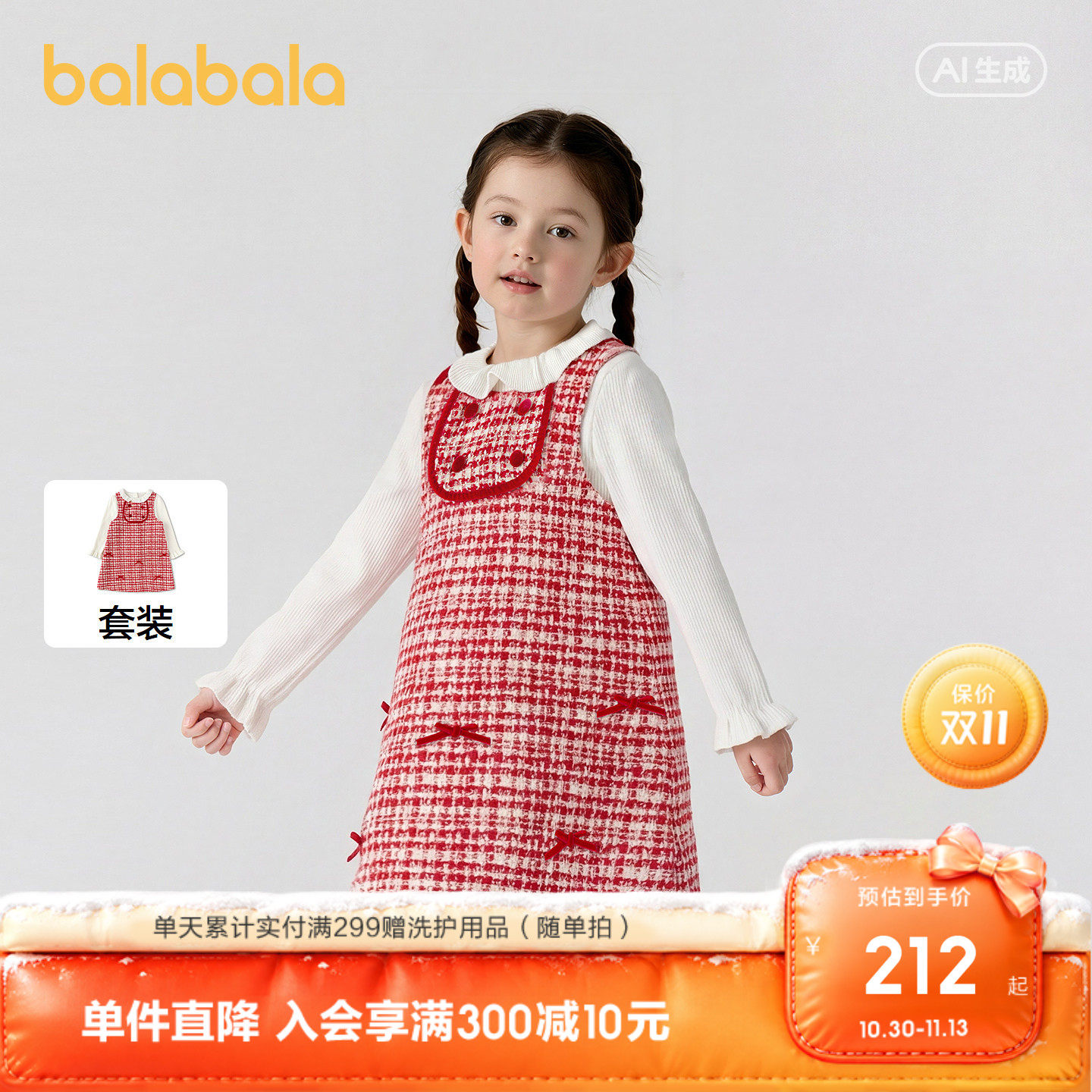 巴拉巴拉童装儿童连衣裙子女童春秋装两件套红色拜年服
