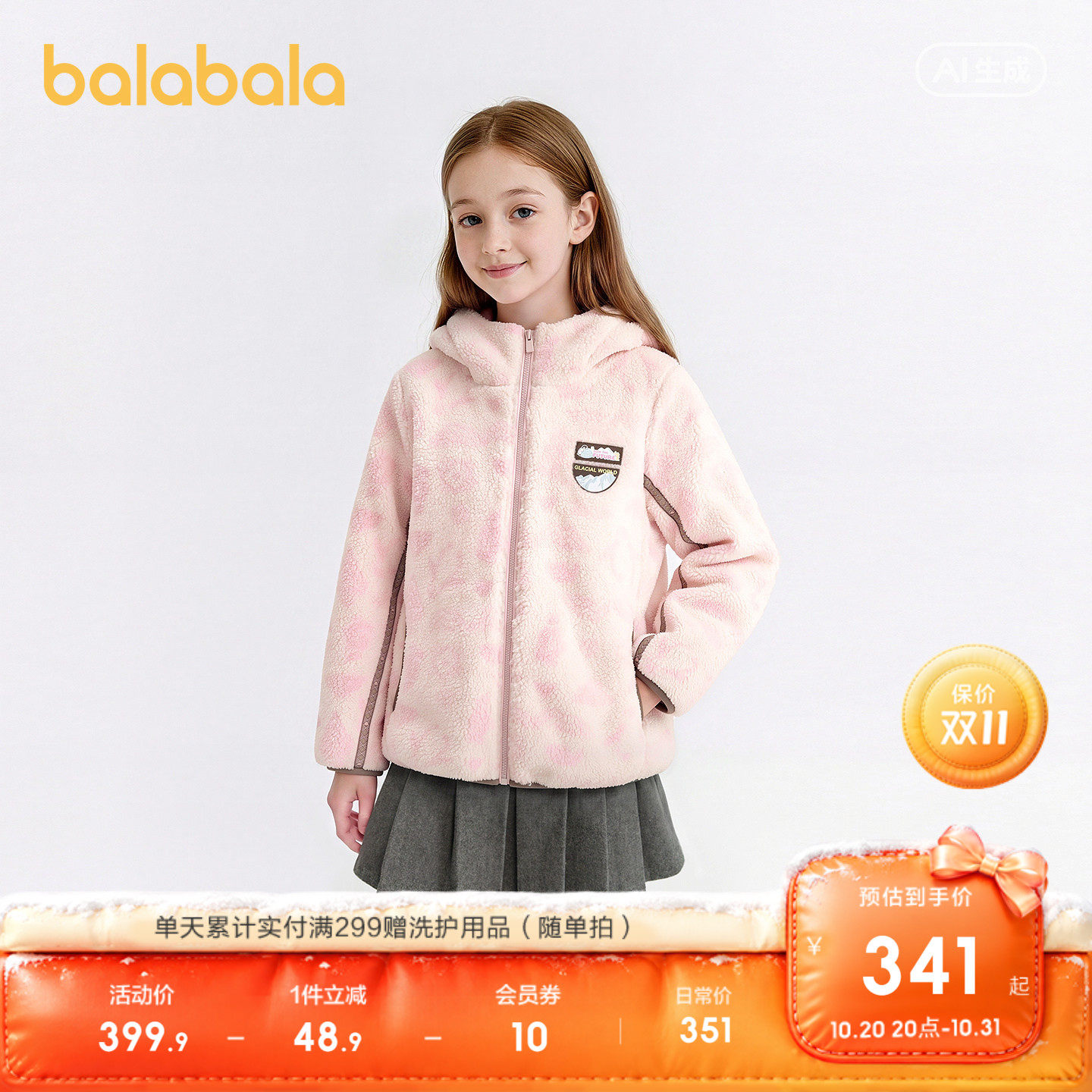 巴拉巴拉女童棉服外套羊羔绒百搭