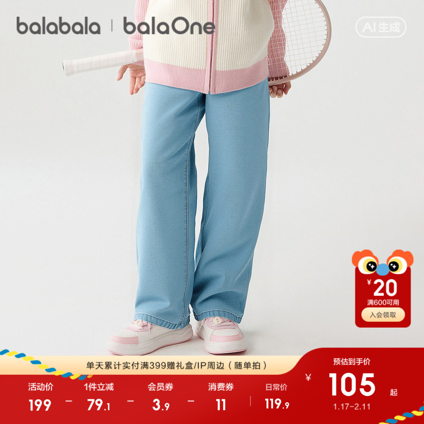 巴拉巴拉童装女童长裤宽松直筒牛仔裤2026春装新款大童裤子休闲潮,童装/婴儿装/亲子装,儿童牛仔裤,淘宝优惠券,粉丝福利购,淘宝优惠卷