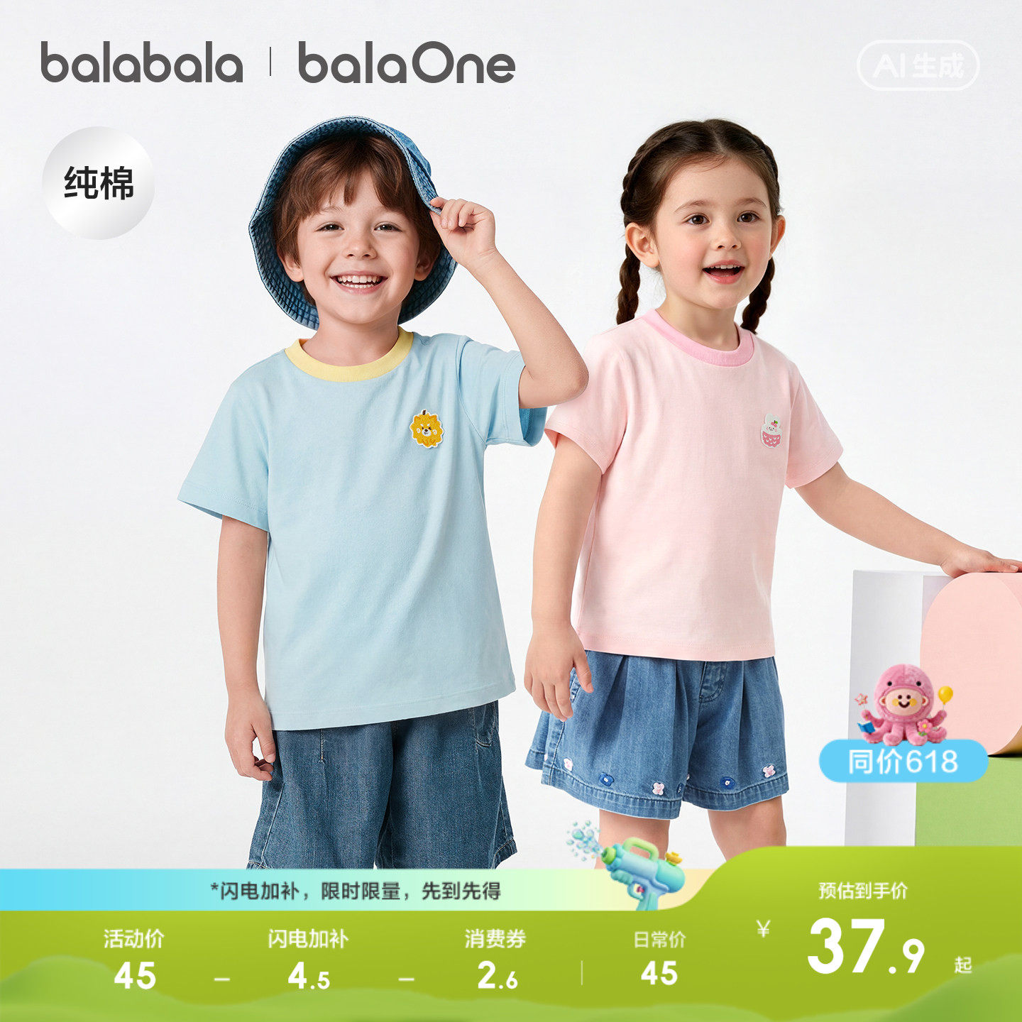 巴拉巴拉童装宝宝短袖t恤男童女童2026新款夏装小童纯色休闲上衣
