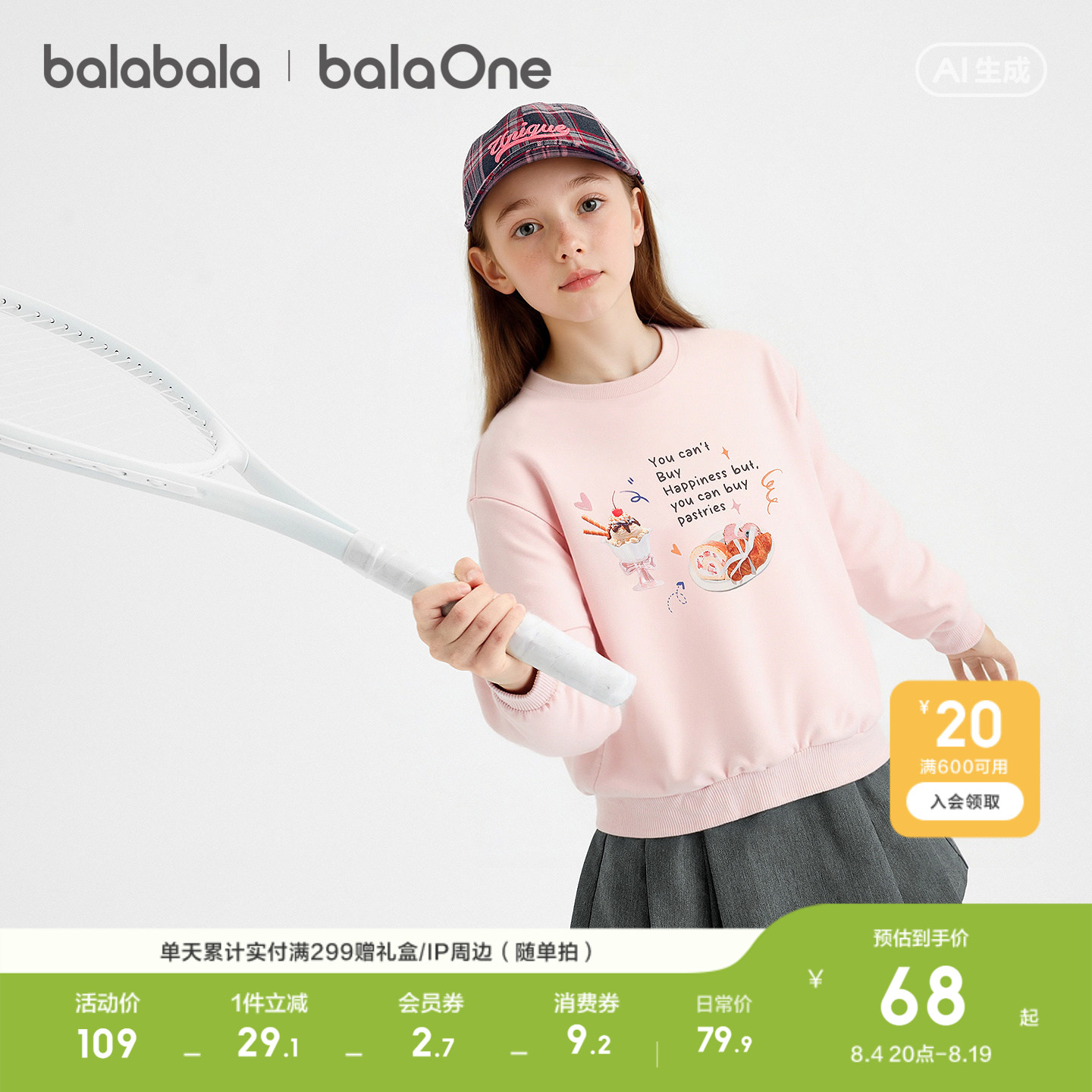 【balaOne】巴拉巴拉童装儿童卫衣长袖女童2026新款春秋宝宝上衣