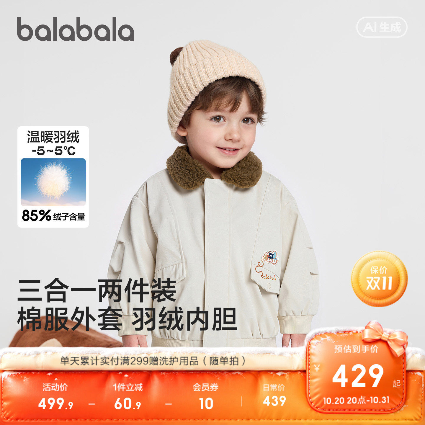 巴拉巴拉羽绒服男精致萌趣两件套