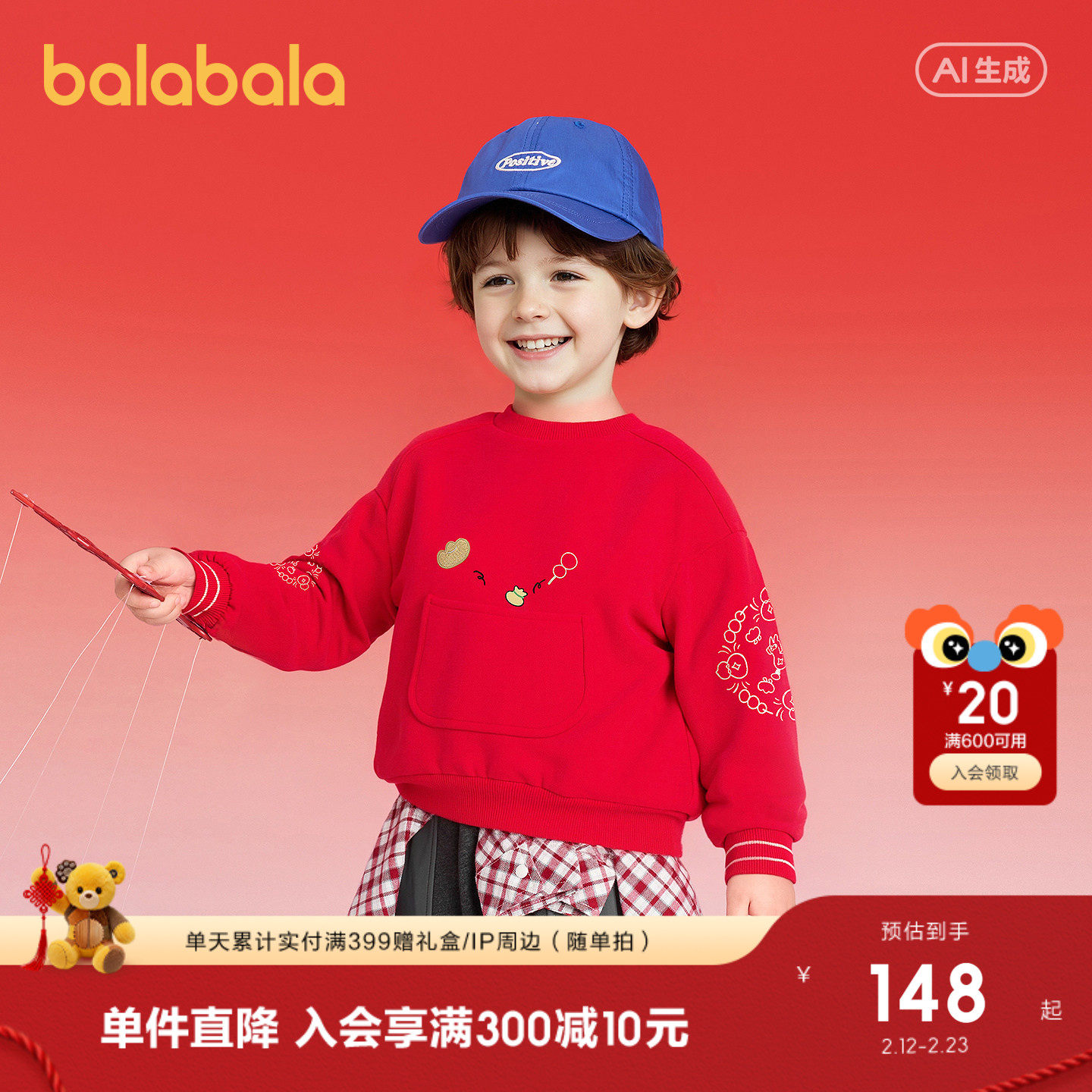 【商场同款】巴拉巴拉童装儿童卫衣男童2026新款春秋卡红色拜年服