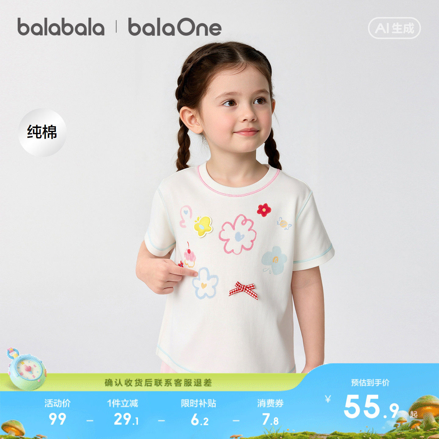 【balaOne】巴拉巴拉童装儿童短袖t恤婴儿宝宝新款夏女童纯棉