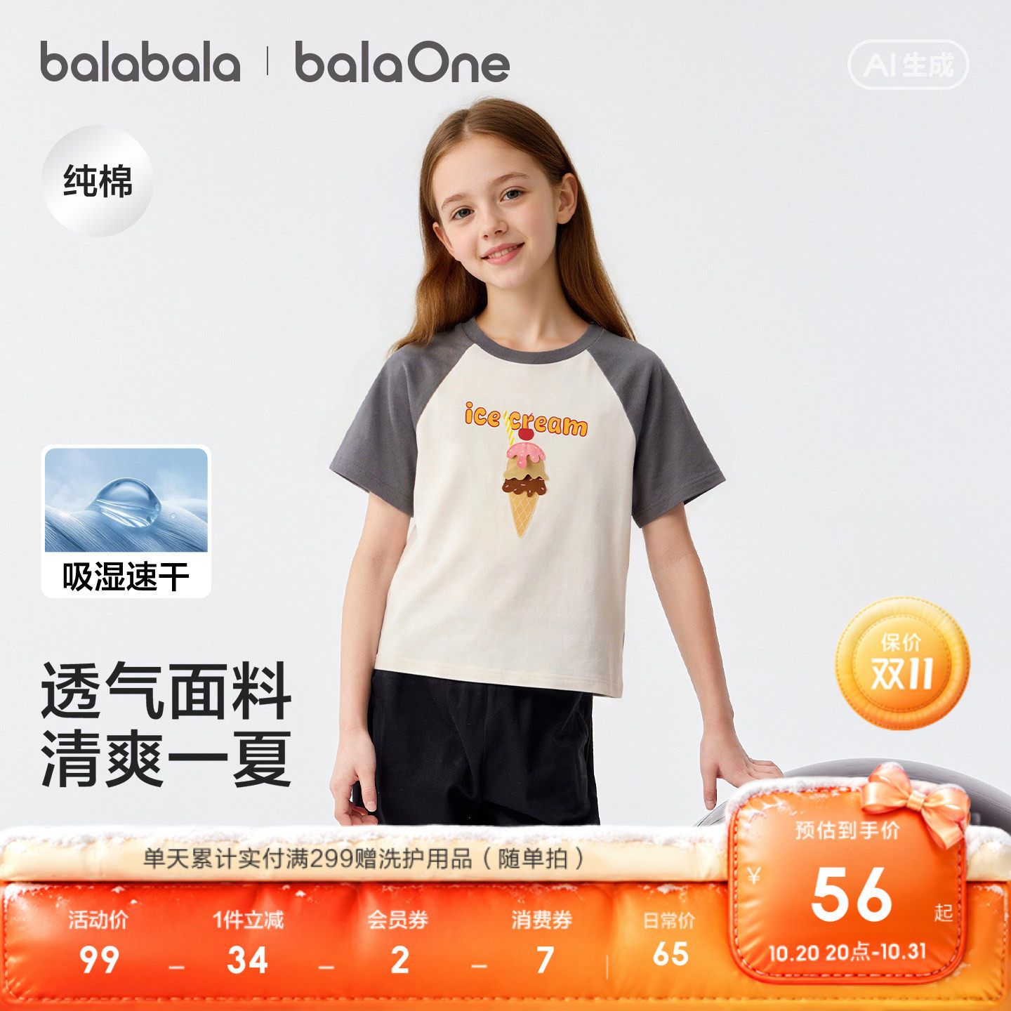巴拉巴拉童装女童宝宝短袖t恤儿童2026新款夏装吸湿速干纯棉上衣