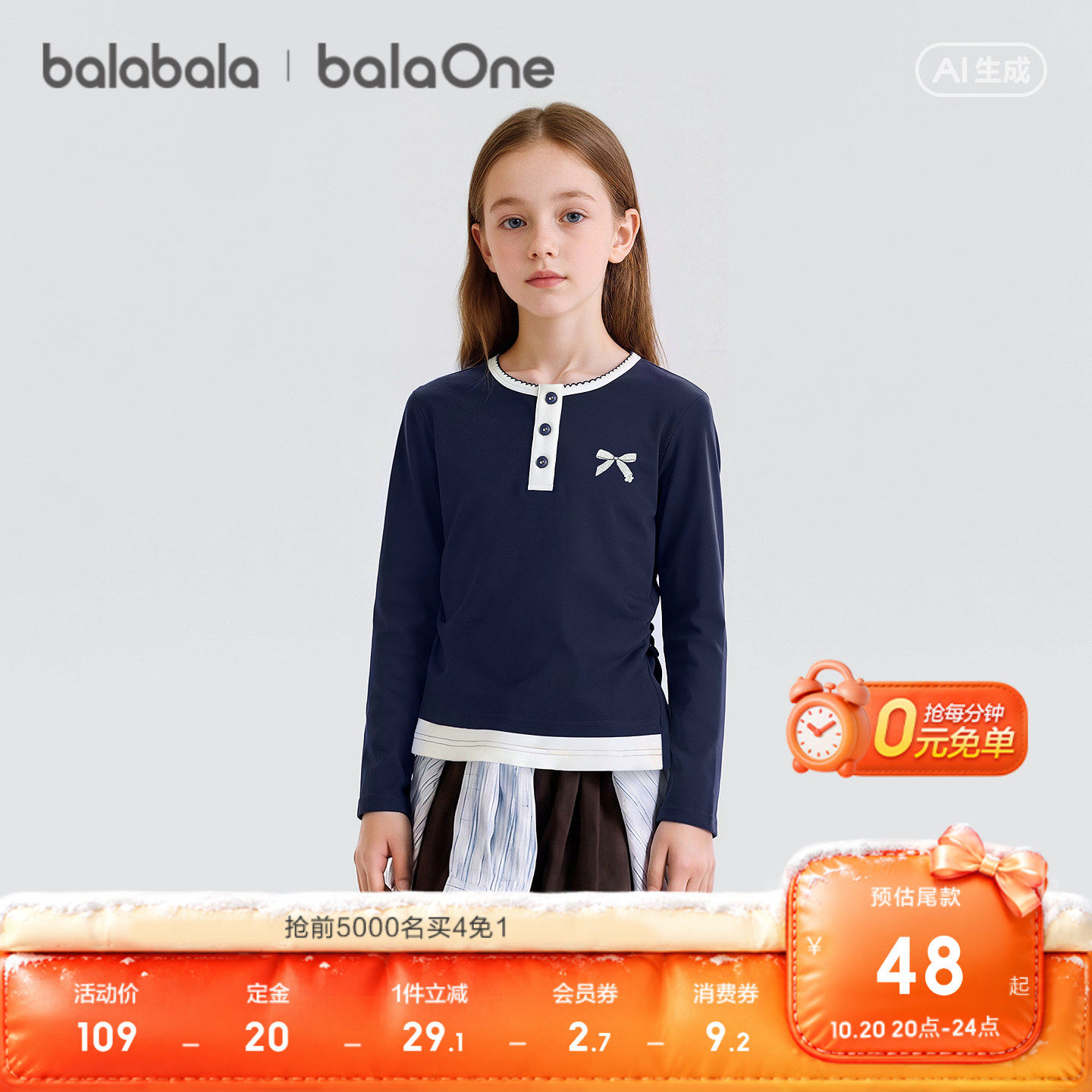 【balaOne】巴拉巴拉童装女童长袖t恤儿童宝宝上衣2026秋装打底衫