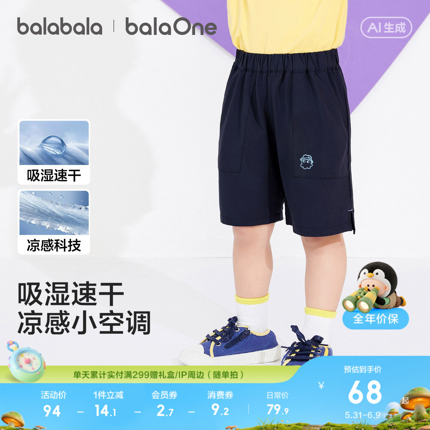 巴拉巴拉童装儿童短裤男童裤子婴儿宝宝2026夏装薄款中裤速干凉感