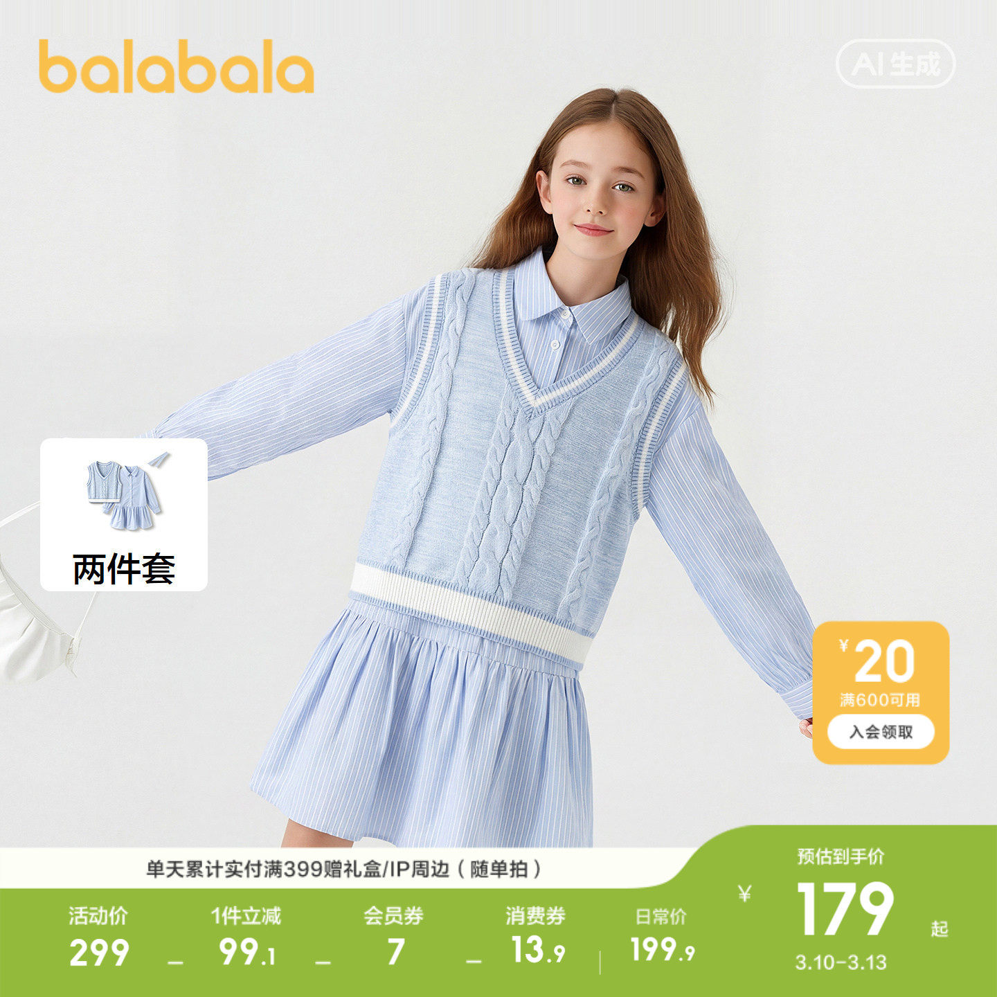 巴拉巴拉童装女童连衣裙儿童两件套春装毛织马甲百搭时尚甜美条纹