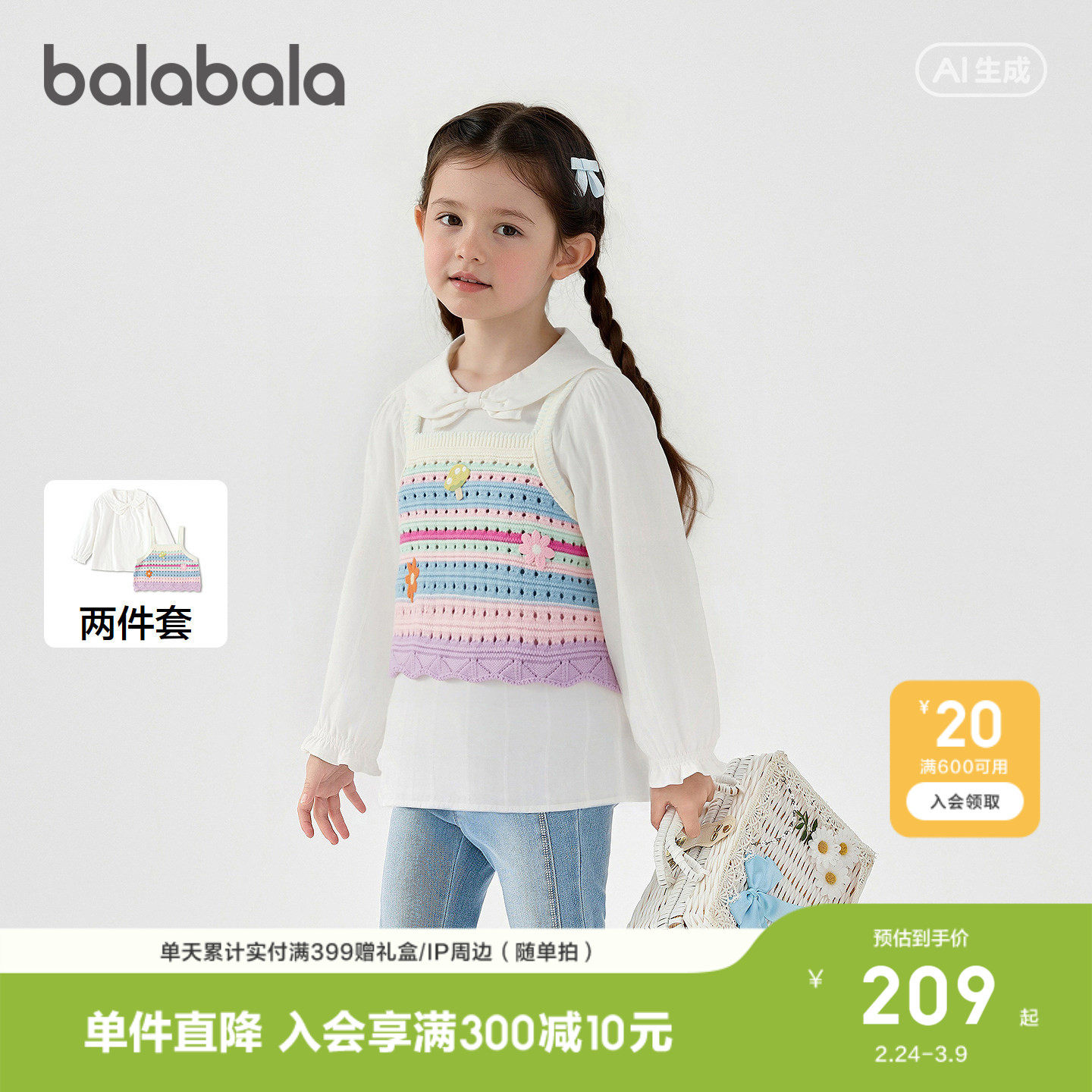 【商场同款】巴拉巴拉儿童长袖衬衫女童2026年新款春秋时尚两件套