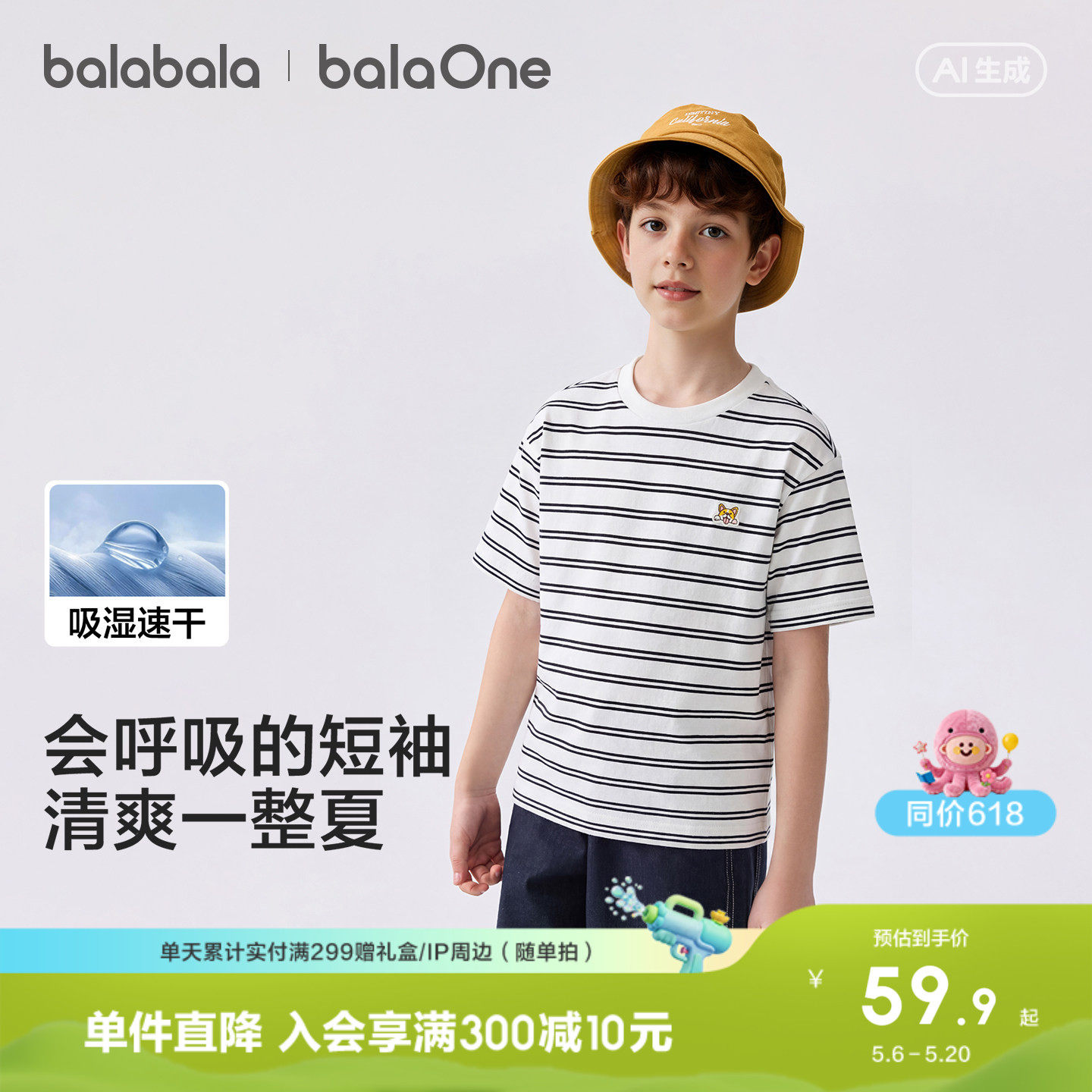 巴拉巴拉童装儿童短袖t恤男童女童2026新款夏装条纹速干亲子上衣