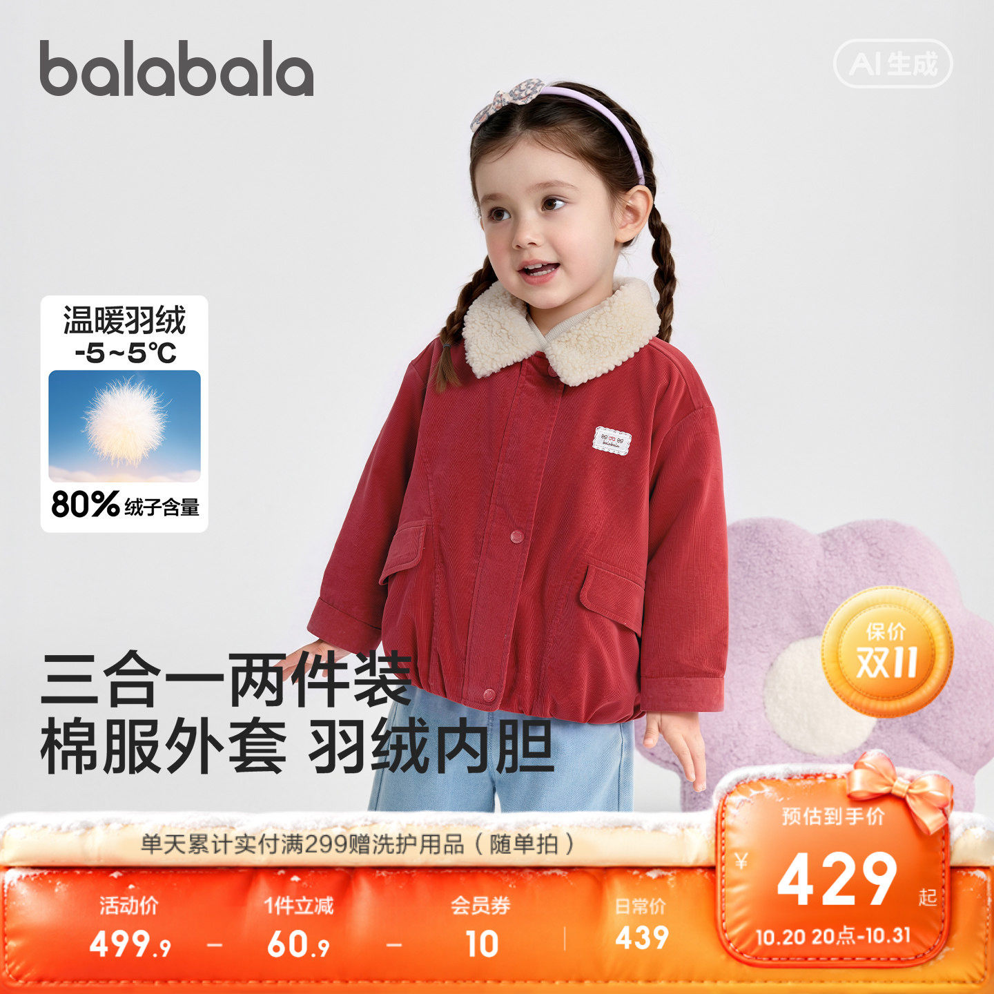 巴拉巴拉羽绒服女童三合一外套