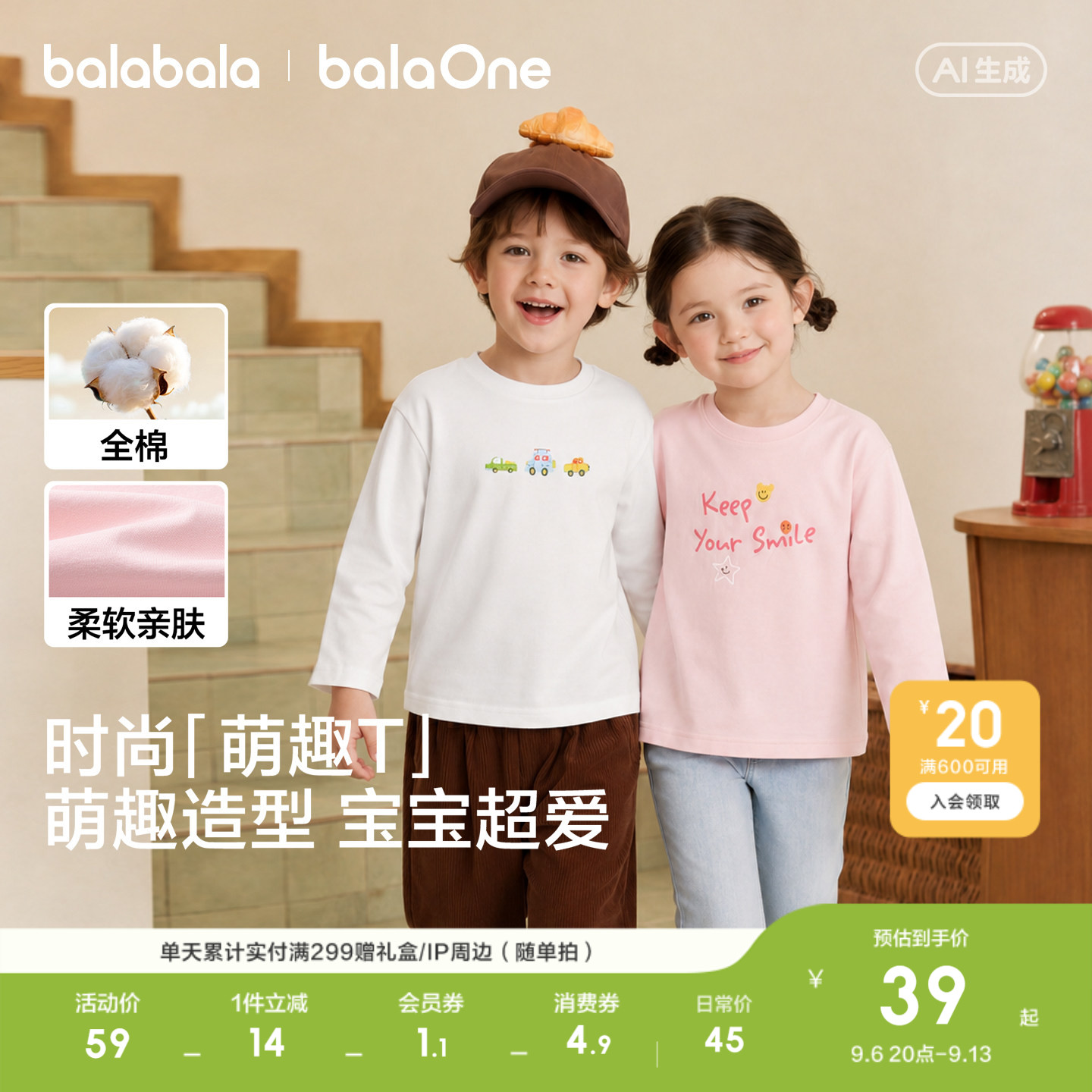 巴拉巴拉童装儿童长袖t恤男童女童2026秋装婴儿衣服宝宝上衣全棉
