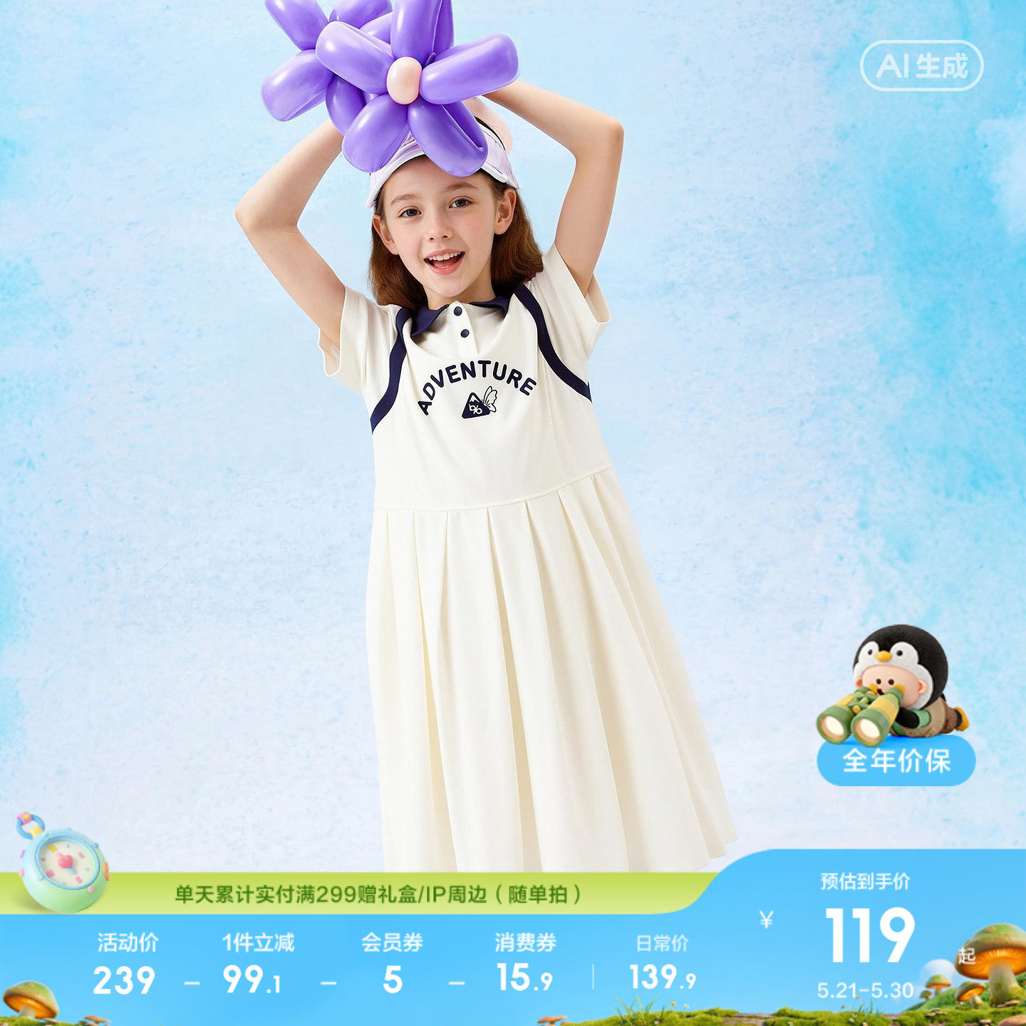 巴拉巴拉童装女童裙子儿童连衣裙2026夏装透气polo速干网球运