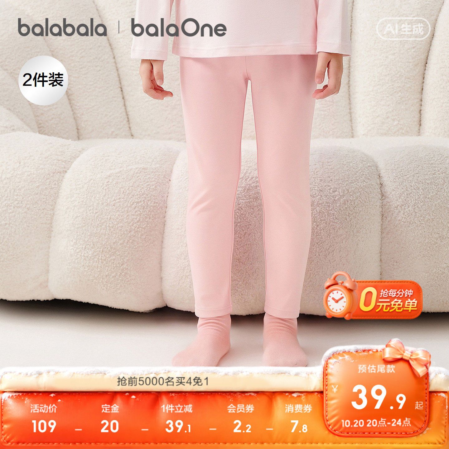 【balaOne】巴拉巴拉女童打底裤儿童睡裤中大童保暖裤舒适两件装