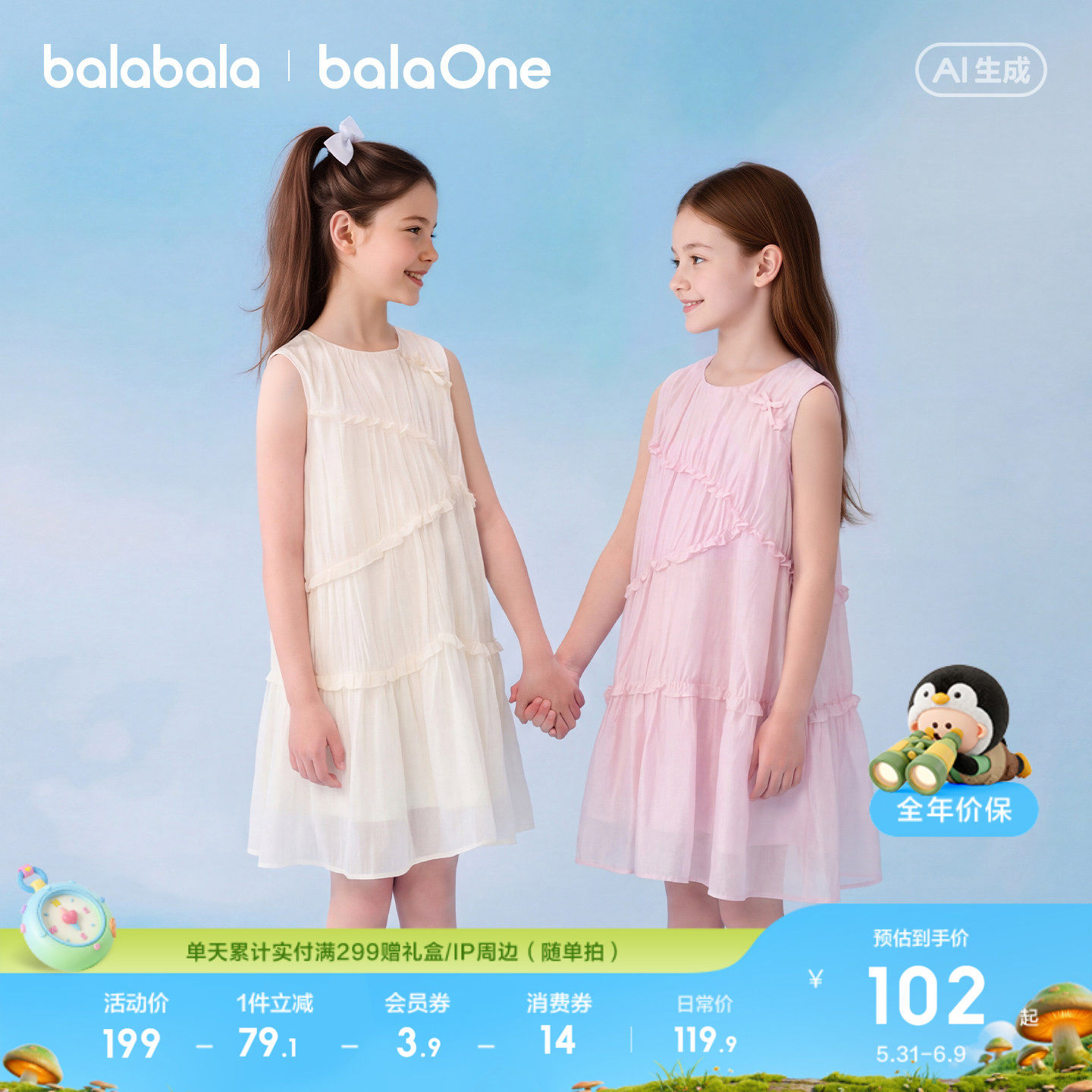 巴拉巴拉童装儿童裙子女童2026新款夏装无袖连衣裙中大童甜美洋气