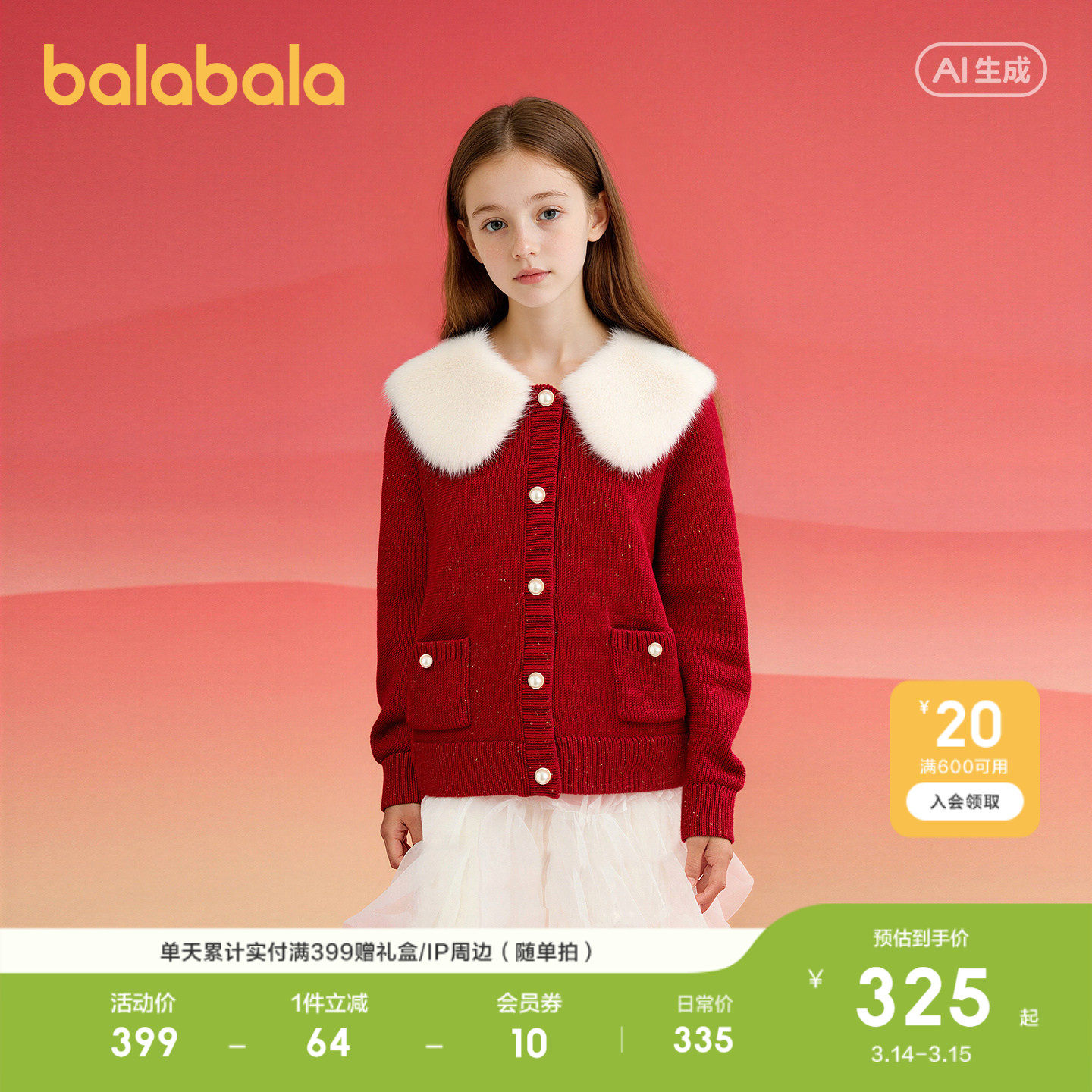 【商场同款】巴拉巴拉童装儿童毛衣女童2026新款春装新红色拜年服