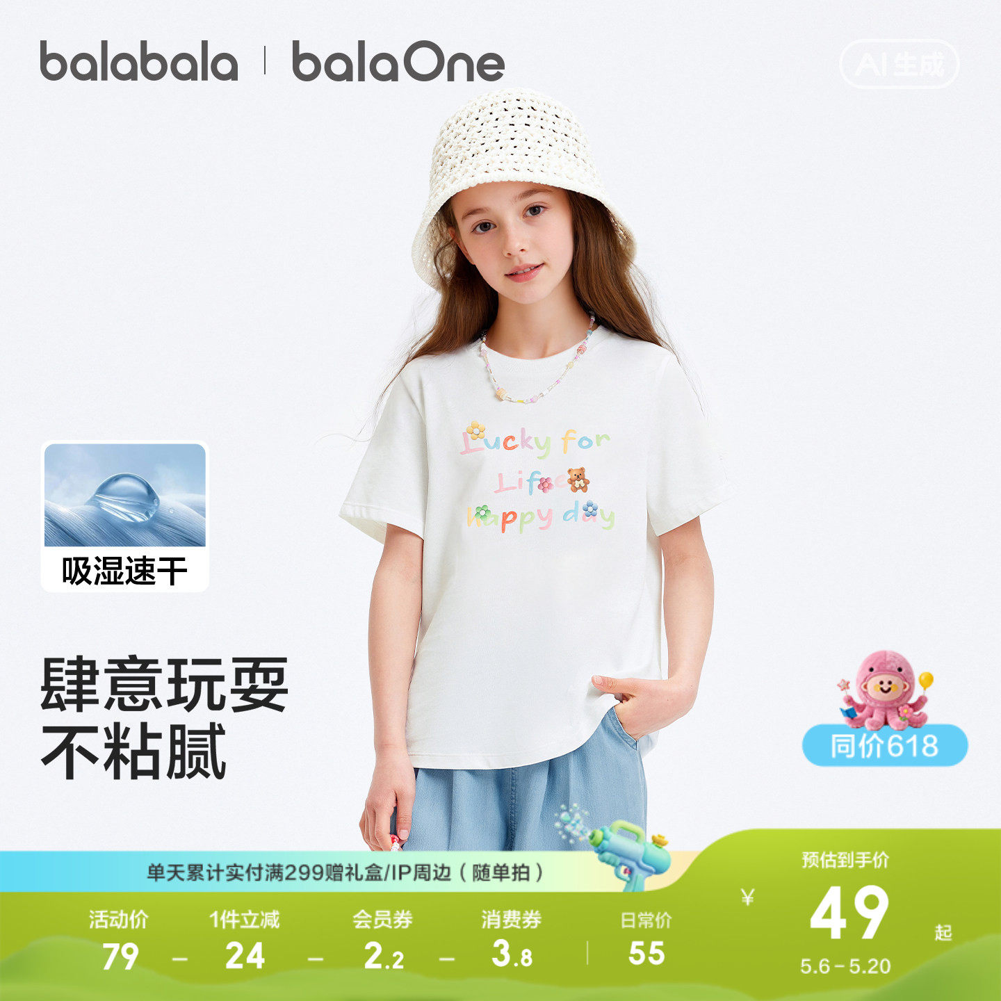 巴拉巴拉童装女童短袖t恤儿童2026新款夏装大童吸湿速干上衣洋气