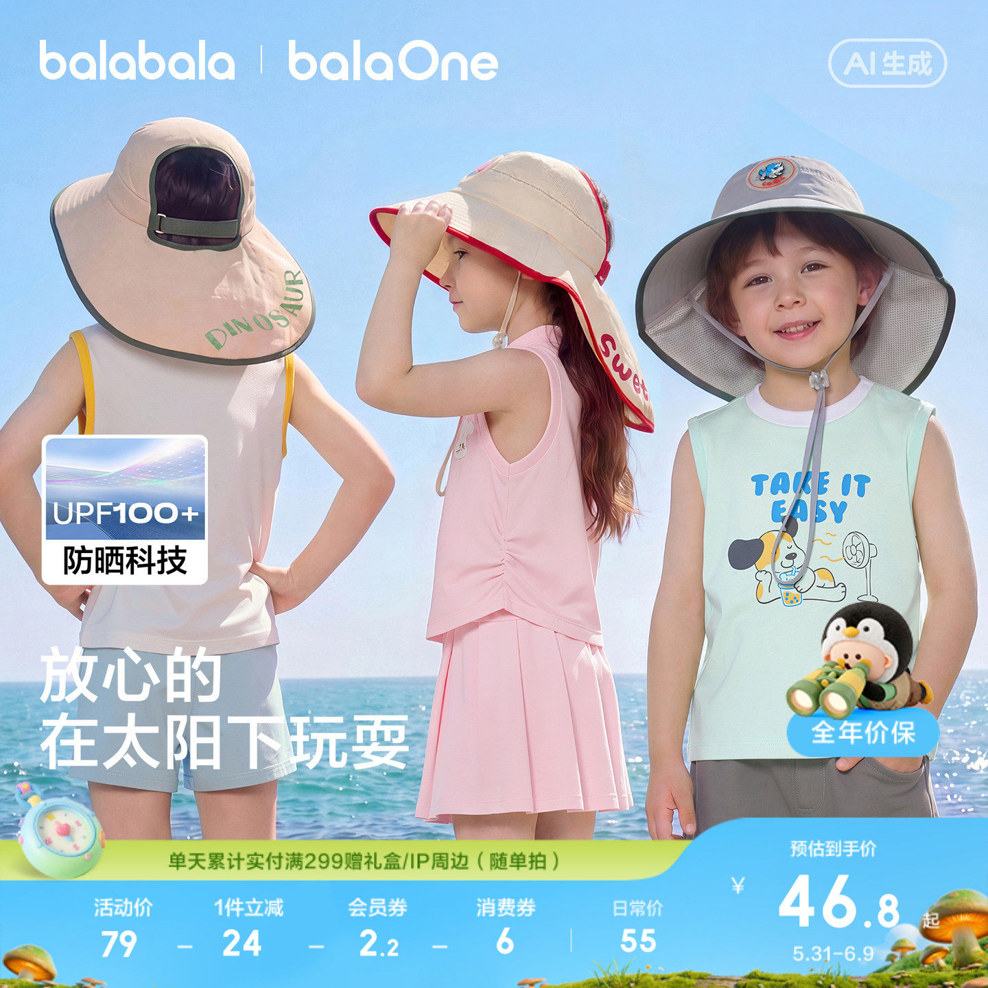 巴拉巴拉儿童防晒帽男童女童宝宝2026新款夏大帽檐遮阳户外空顶帽