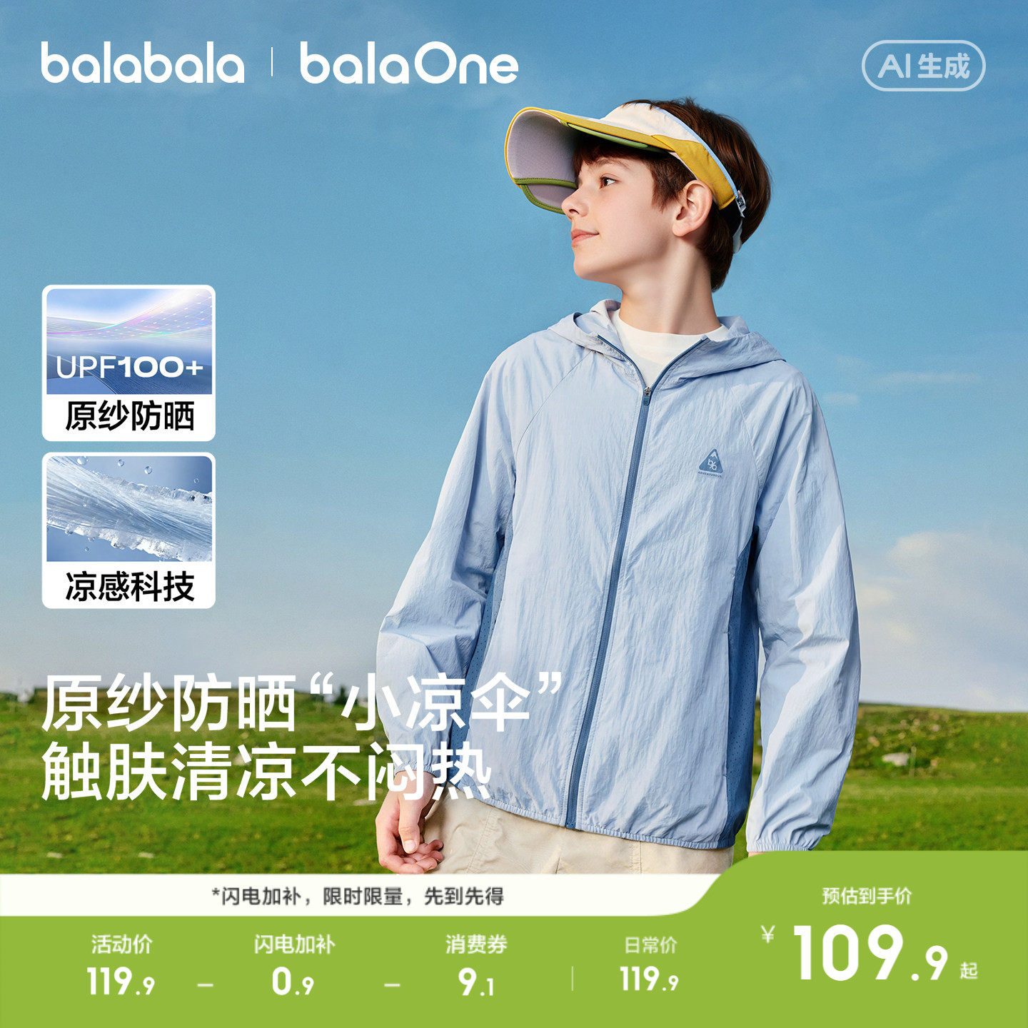 巴拉巴拉童装儿童防晒衣男女童宝宝外套2026夏薄吸湿速干UPF100+