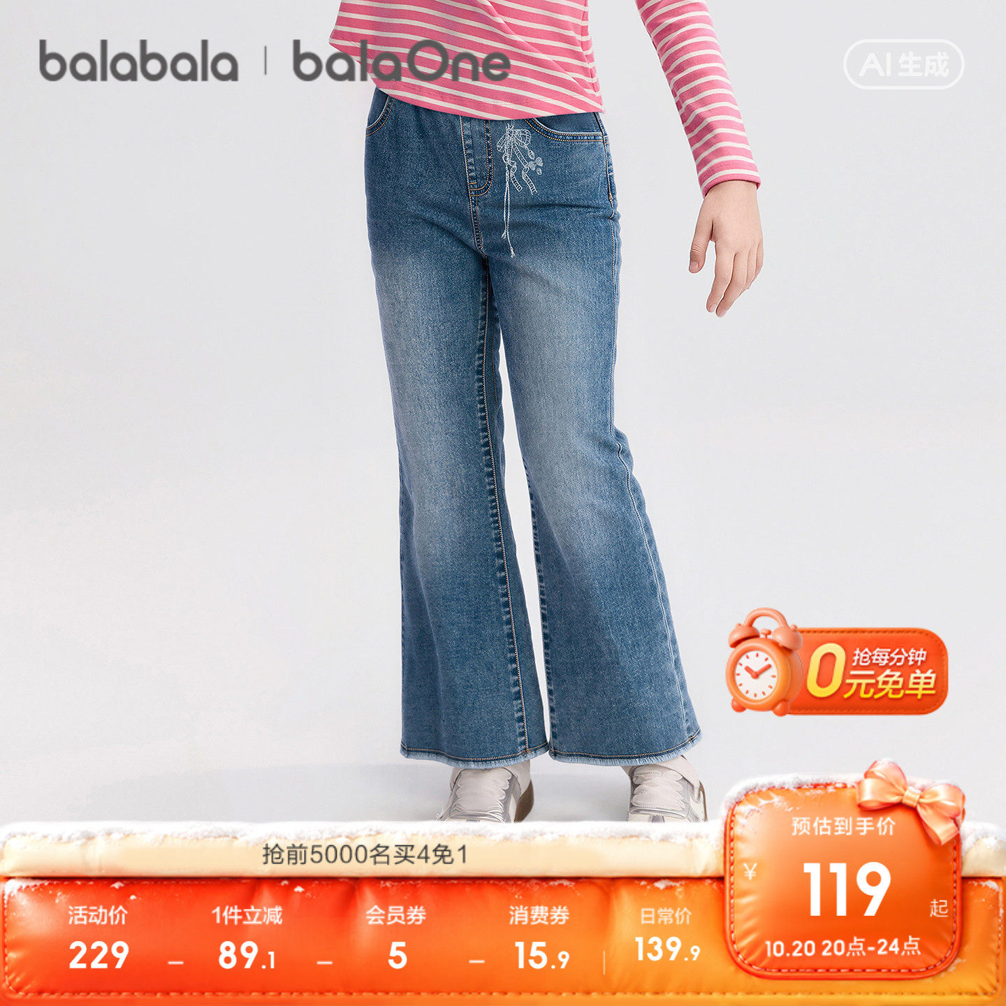 【balaOne】巴拉巴拉童装儿童裤子女童2026秋装新款牛仔喇叭裤潮