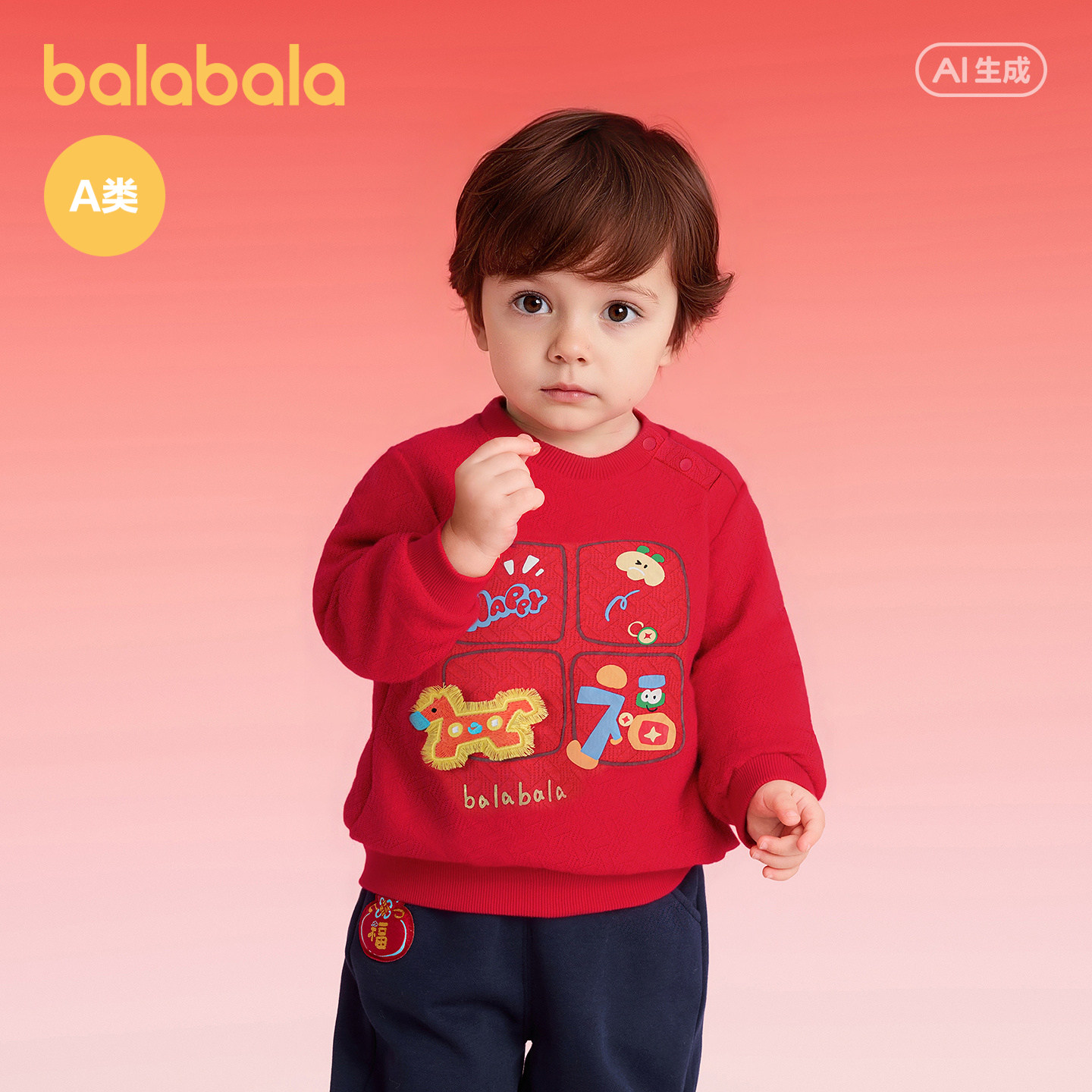 【商场同款】巴拉巴拉童装宝宝卫衣婴儿长袖t恤红色纯棉拜年服萌