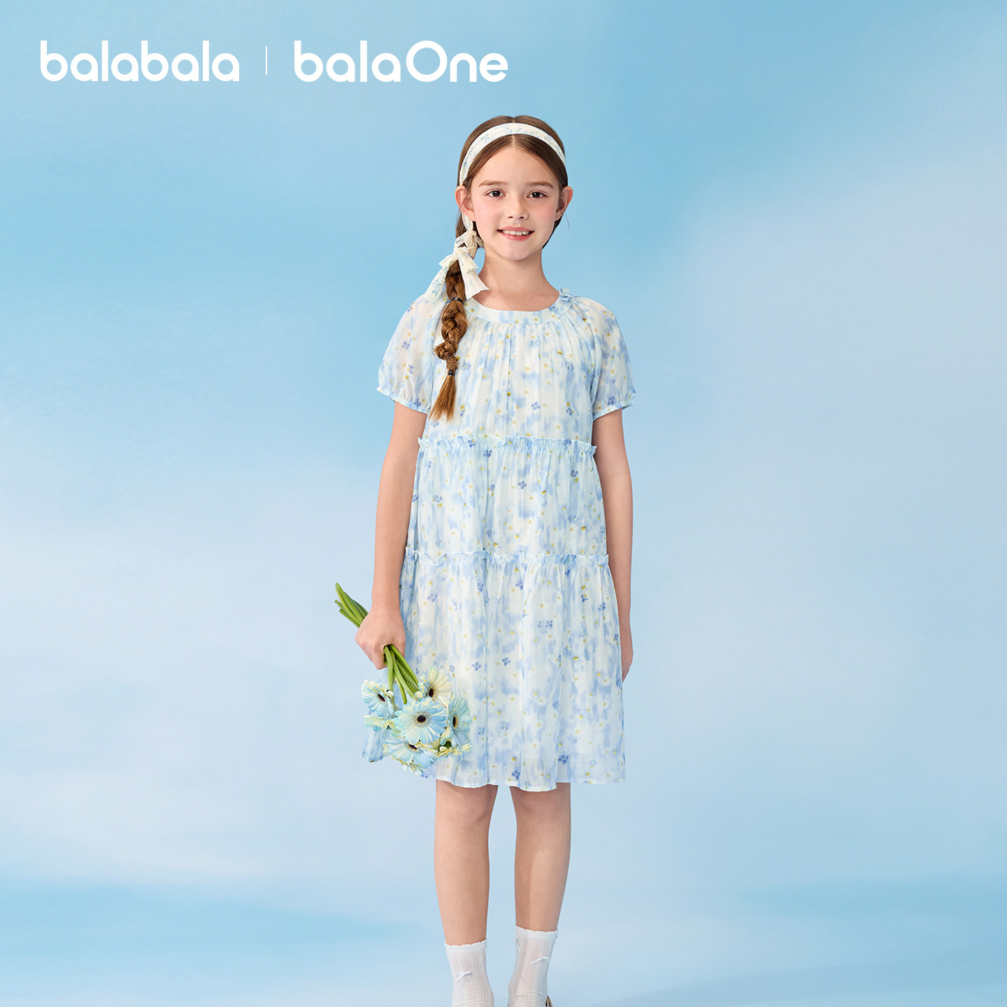 巴拉巴拉女童裙子儿童连衣裙夏装大童甜美泡泡袖A字塔裙印花时尚