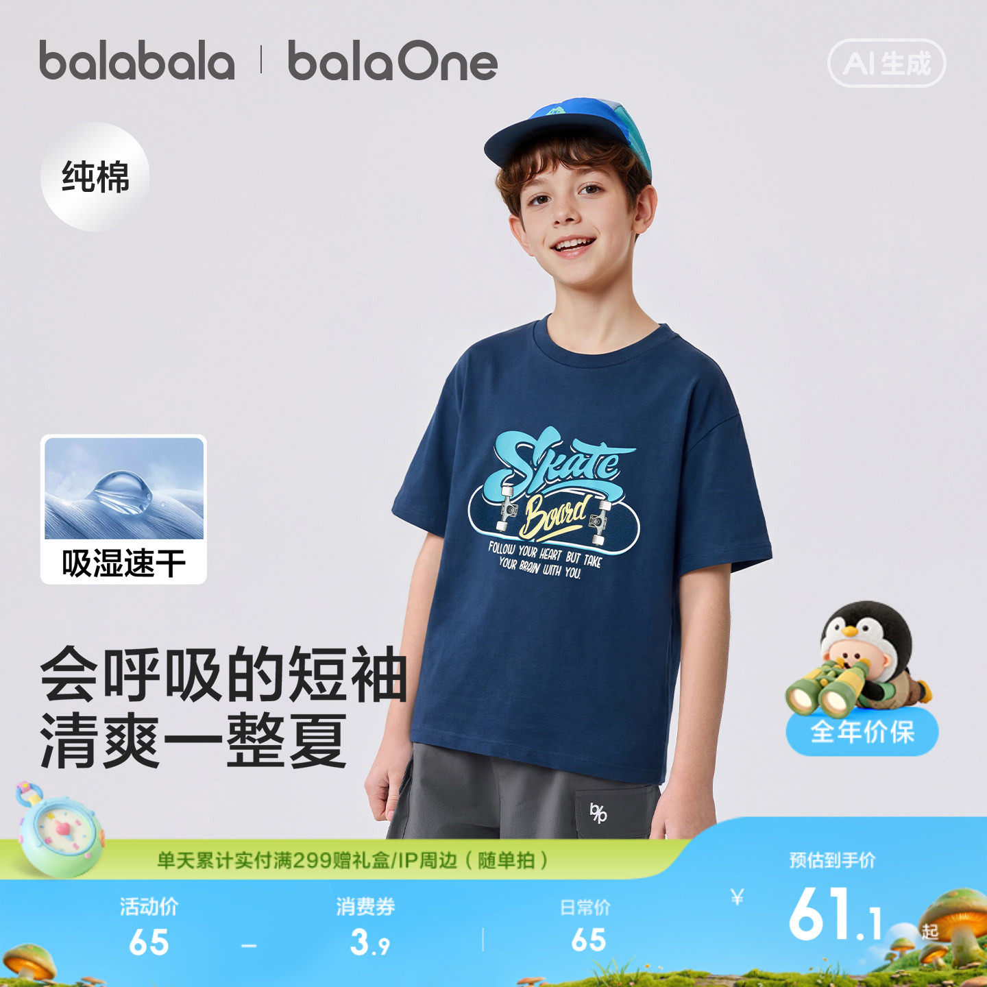 巴拉巴拉童装男童短袖t恤儿童2026新款亲子装夏吸湿速干纯棉上衣
