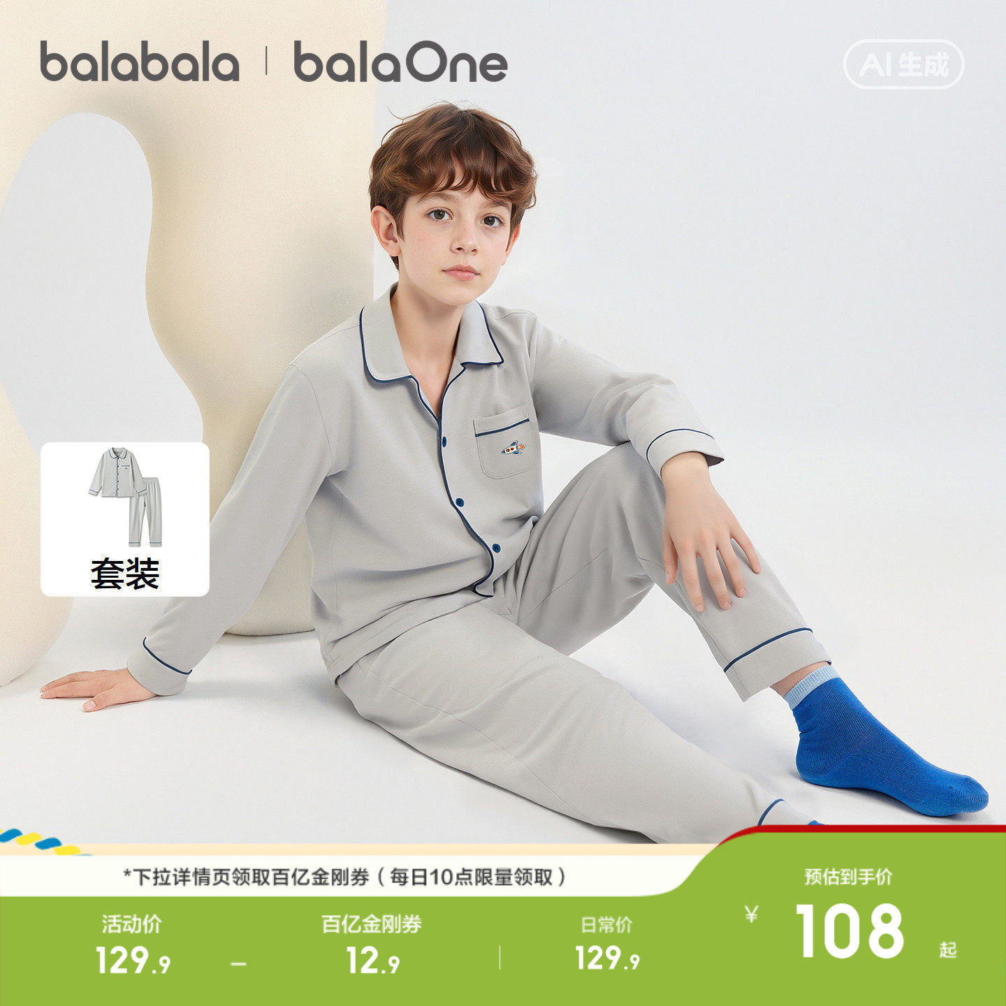 巴拉巴拉儿童睡衣套装纯棉男童女童家居服2026年新款可外出100%棉