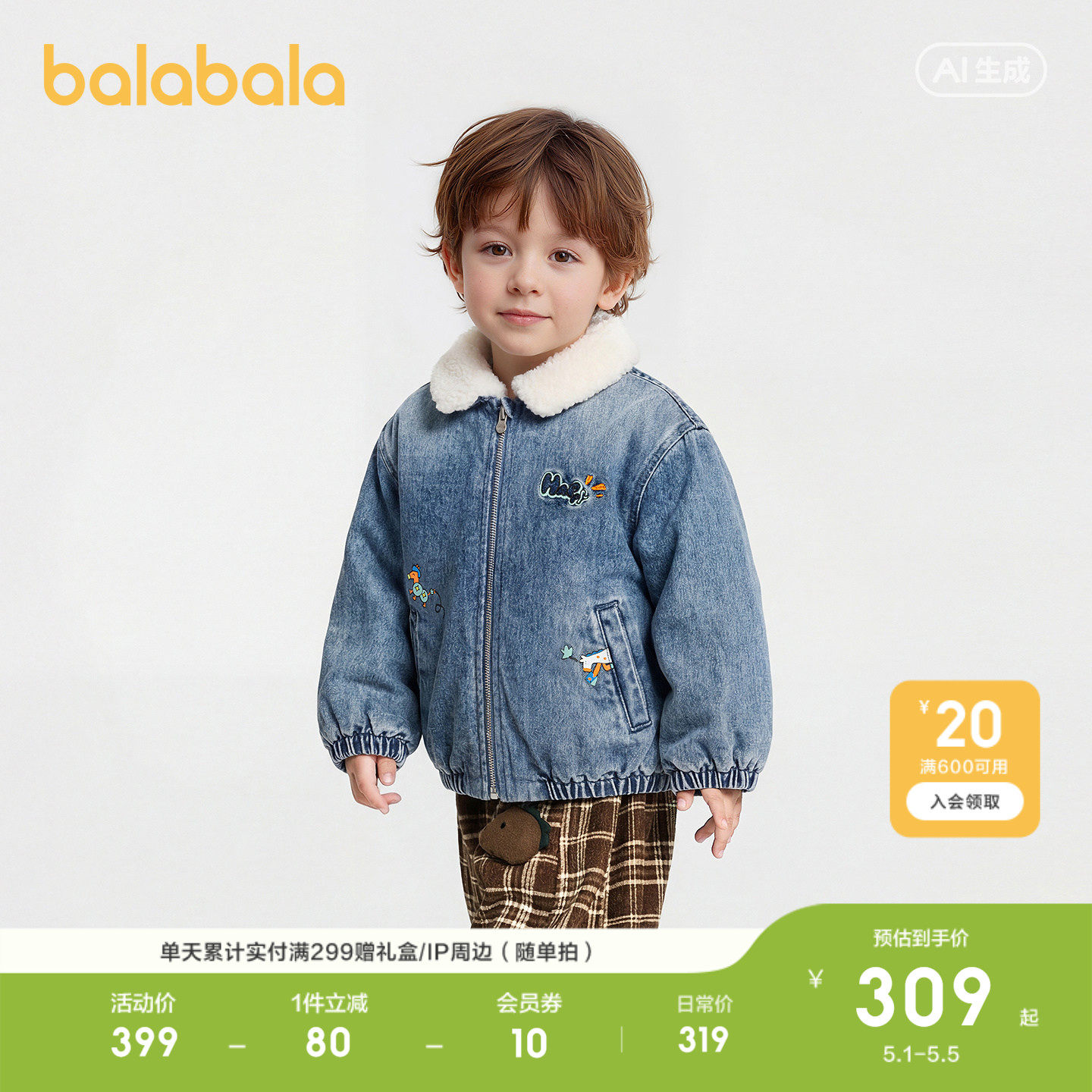 巴拉巴拉儿童棉服男童2026新款春装复古斜纹牛仔外套