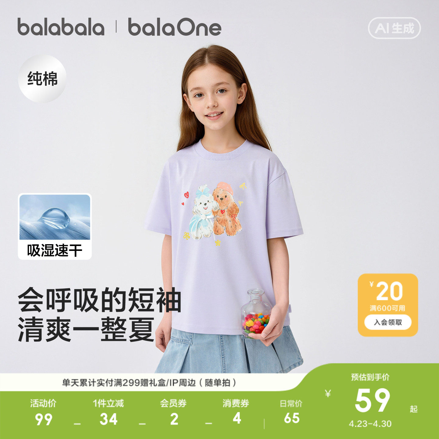 巴拉巴拉童装儿童速干短袖t恤衣服女童上衣2026新款轻薄夏装潮酷