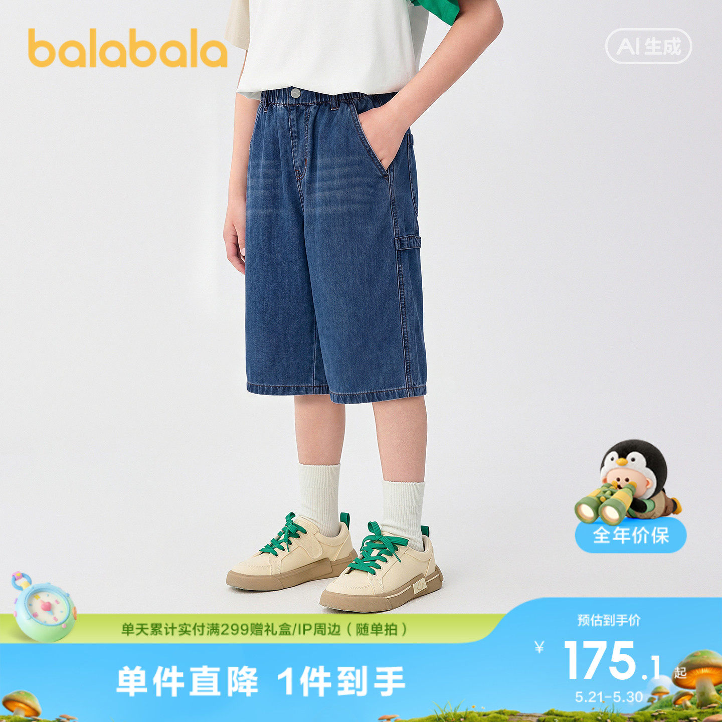 【商场同款】巴拉巴拉儿童中裤男童短裤2026夏装薄款牛仔七分裤潮