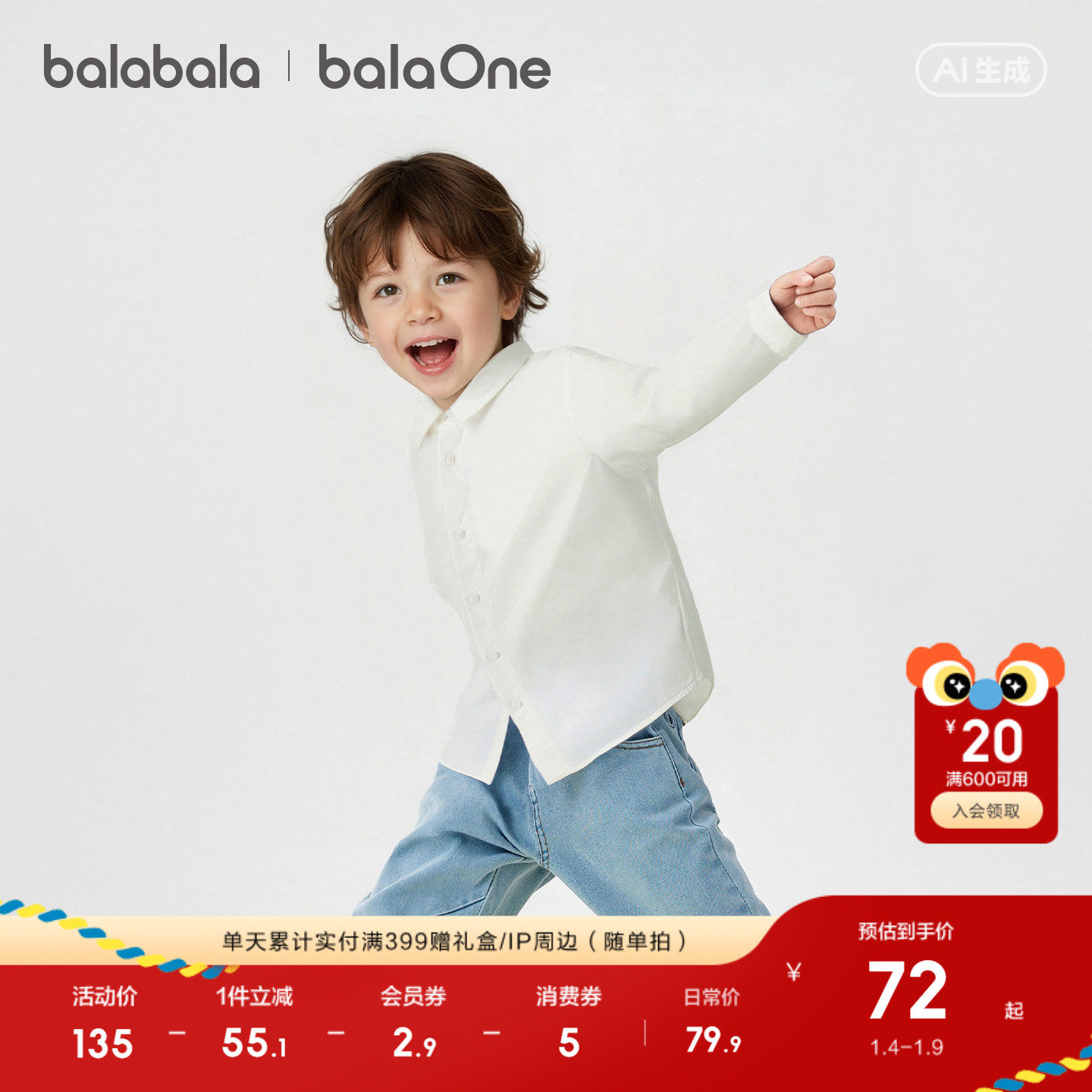 巴拉巴拉童装男童长袖衬衫宝宝2026新款春装纯棉亲肤纯色衬衣时尚