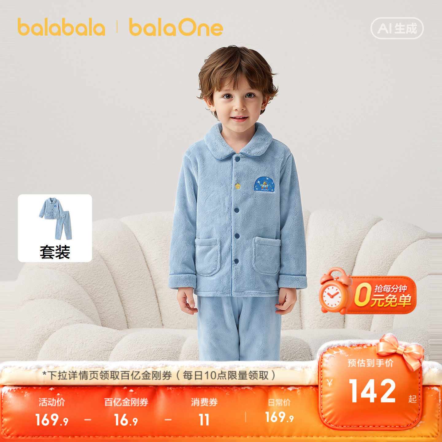 【balaOne】巴拉巴拉儿童家居服套装秋冬法兰绒男童睡衣舒适透气