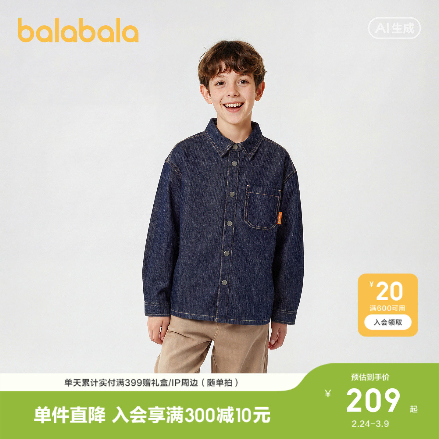 【商场同款】巴拉巴拉童装儿童长袖衬衫男童2026新款春装牛仔上衣