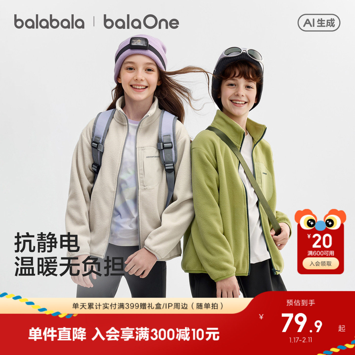 巴拉巴拉童装儿童外套男童女童宝宝2026春秋装摇粒绒抗静电亲子装