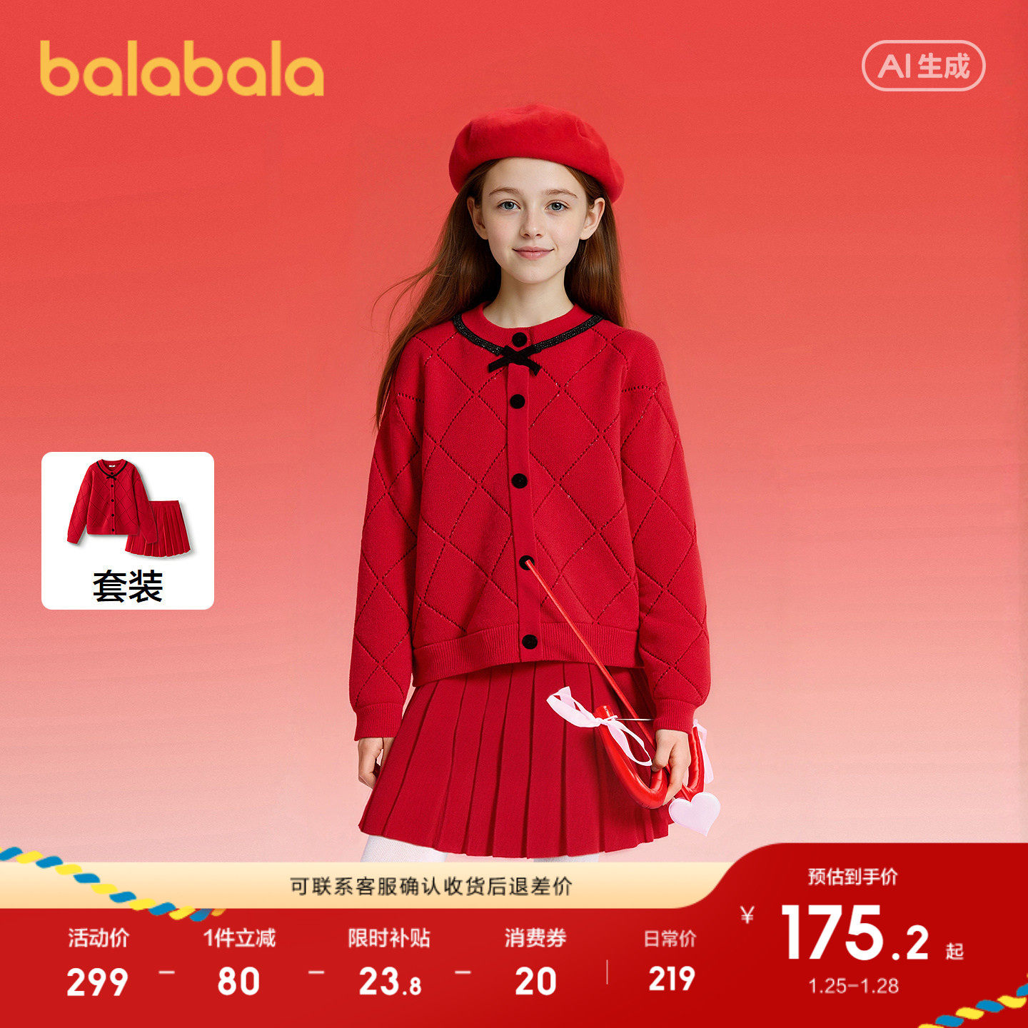 巴拉巴拉童装女童长袖套装儿童针织套裙春装两件套时尚洋气百搭,童装/婴儿装/亲子装,套装,淘宝优惠券,粉丝福利购,淘宝优惠卷