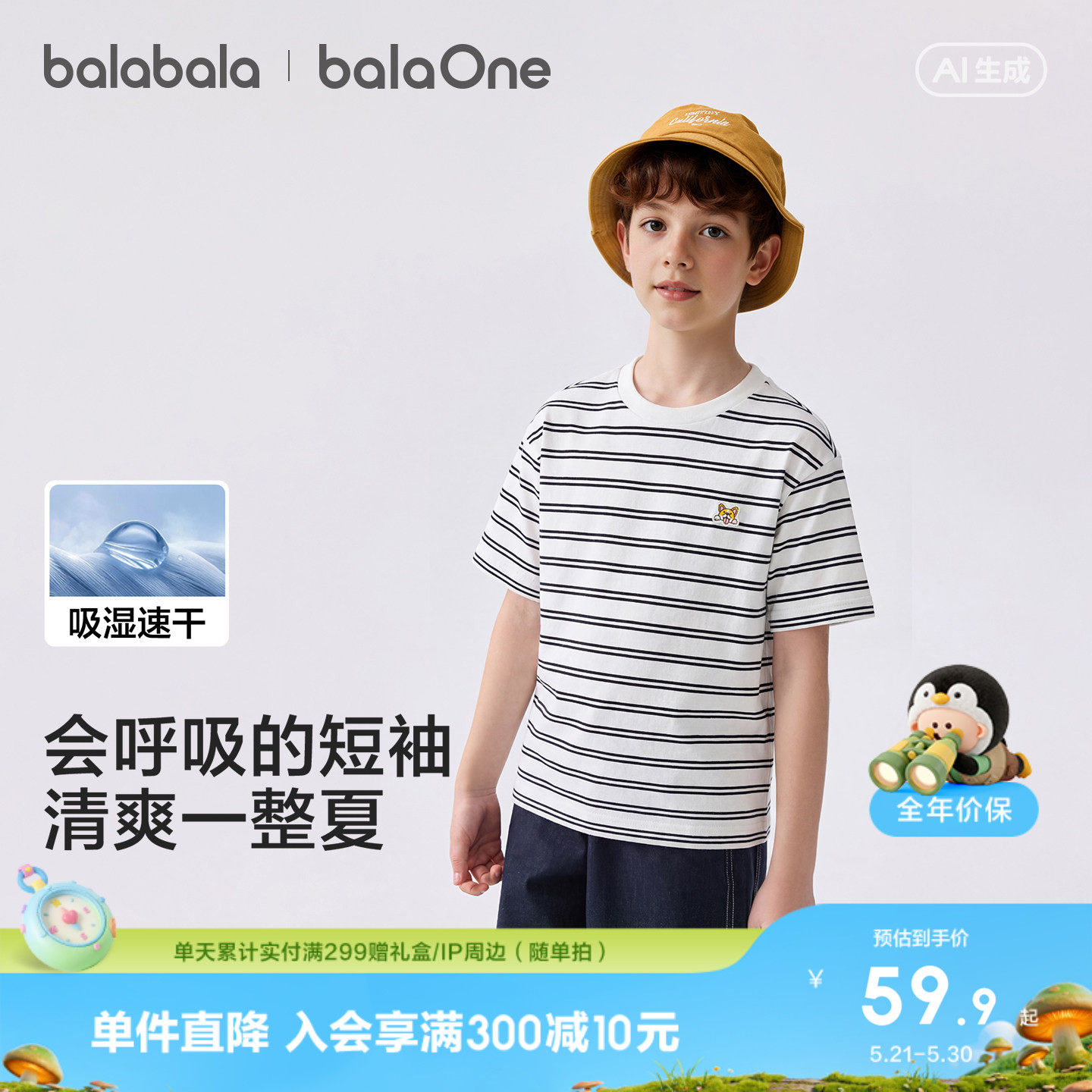 巴拉巴拉童装儿童短袖t恤男童女童2026新款夏装条纹速干亲子上衣