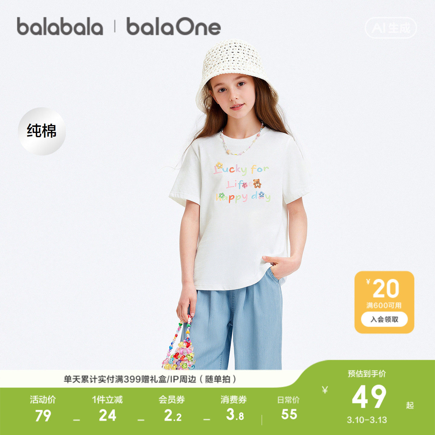 巴拉巴拉童装女童短袖t恤儿童2026新款夏装大童吸湿速干上衣洋气