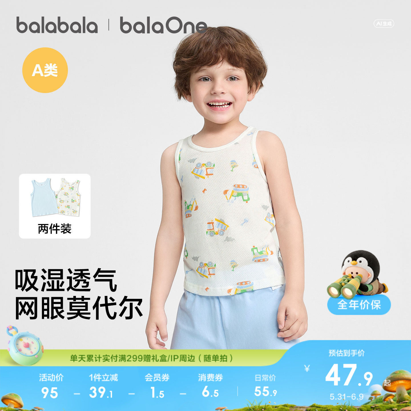 巴拉巴拉宝宝背心夏季新款儿童吊带男童女童打底衫a类薄款两件装