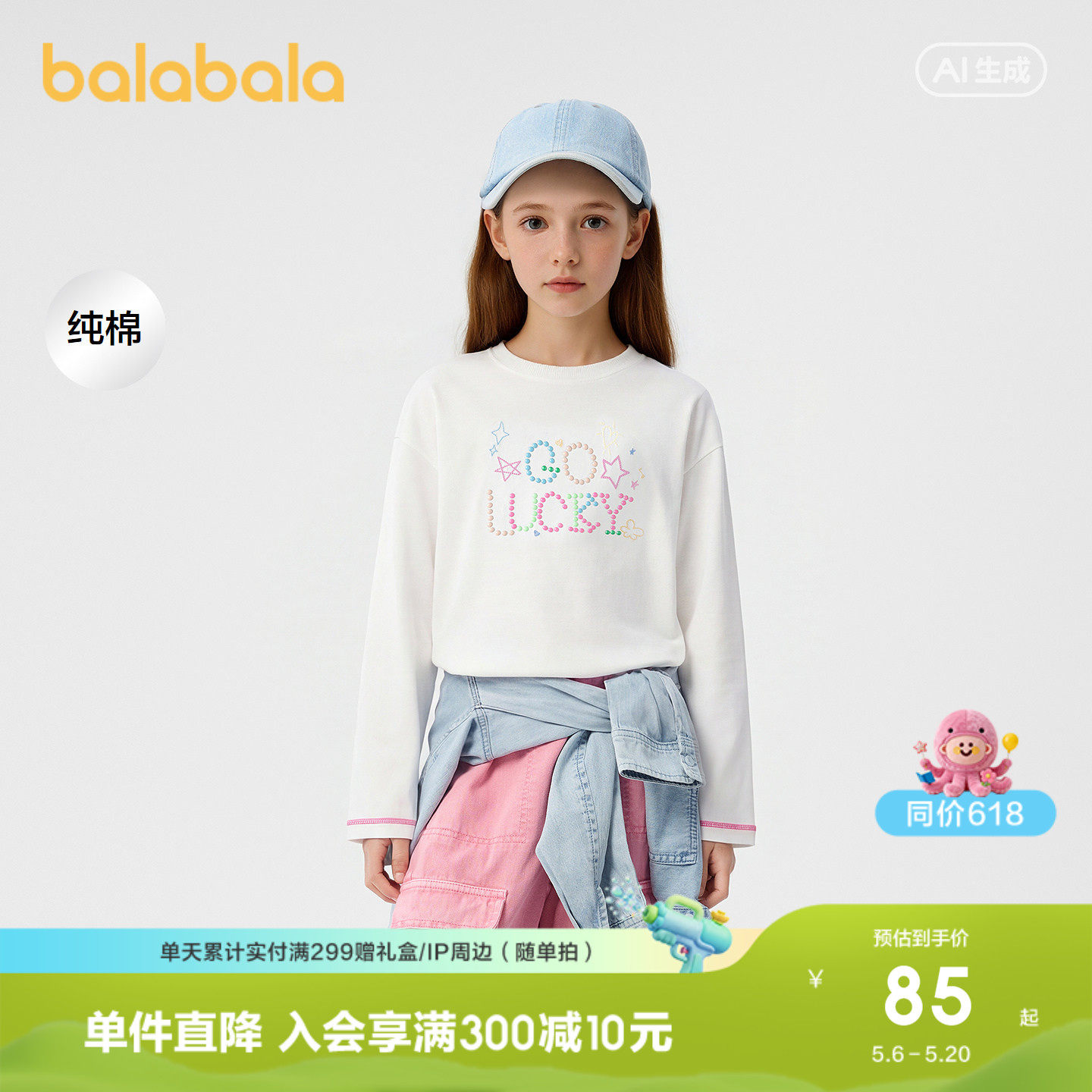 巴拉巴拉童装女童长袖t恤儿童2026春装新款圆领上衣纯棉衣服