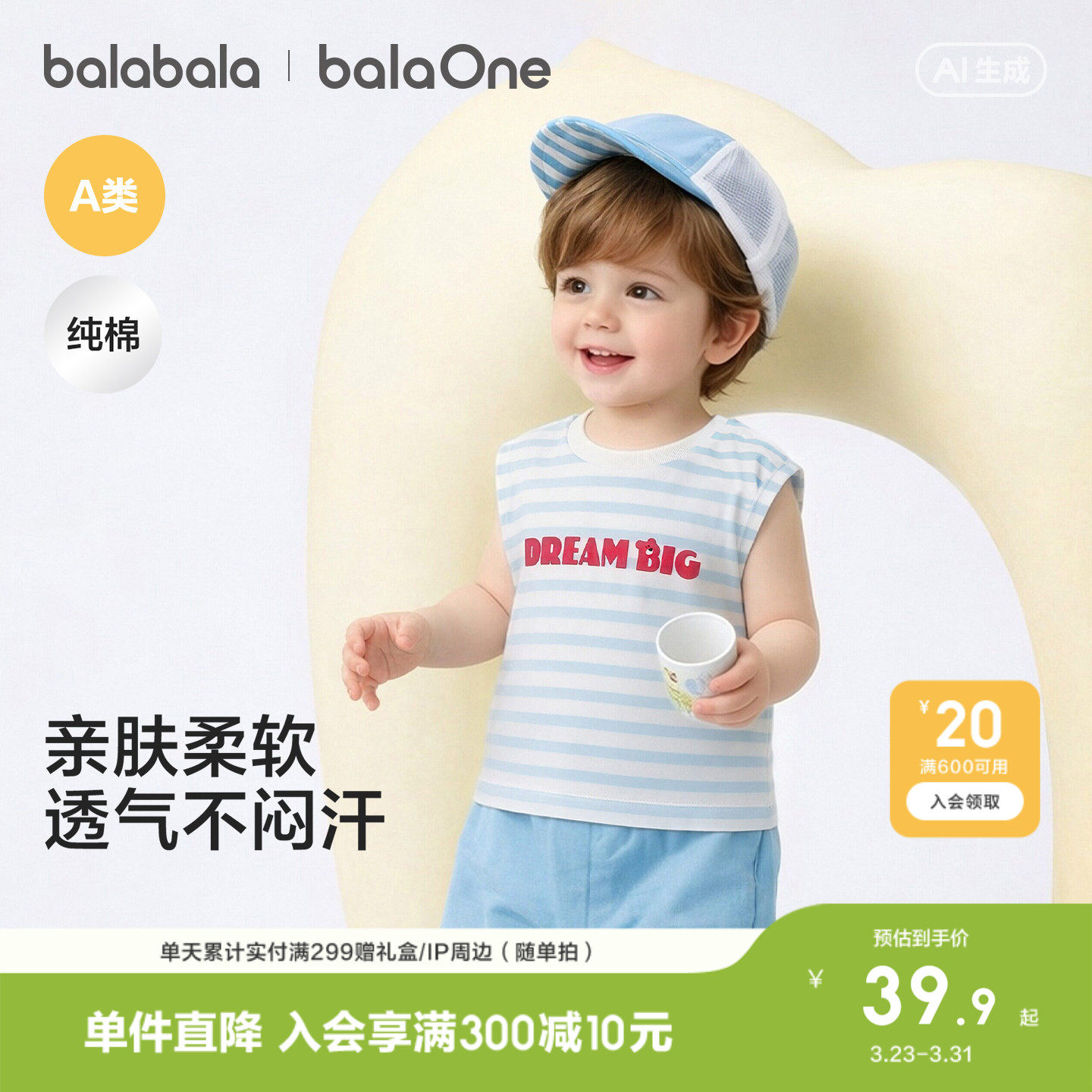 巴拉巴拉宝宝T恤无袖背心女童男童婴儿衣服2026新款夏装儿童上衣