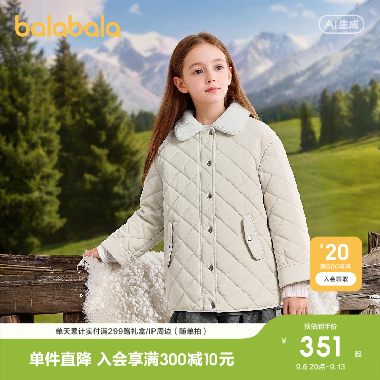 巴拉巴拉女童棉服外套儿童上衣潮