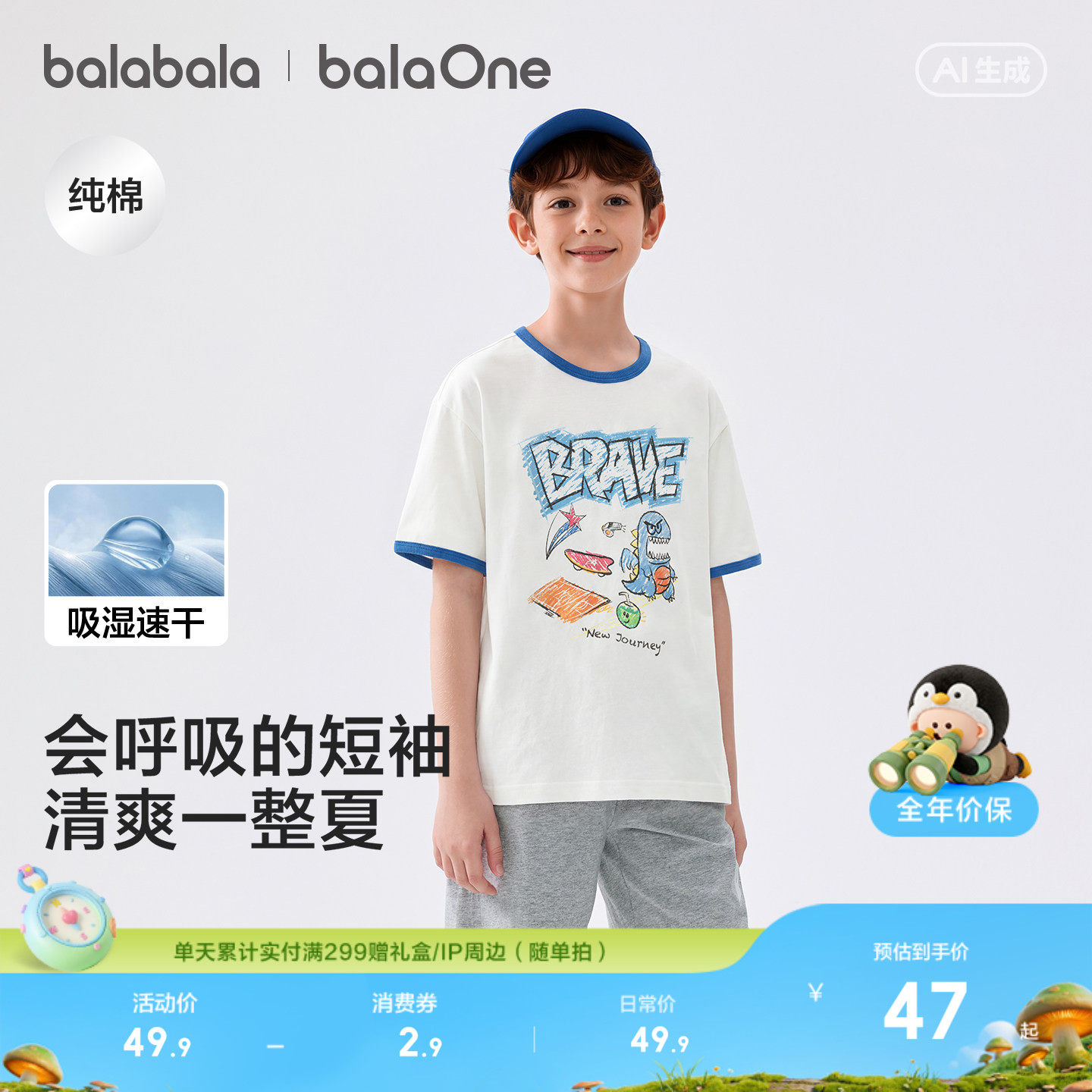 巴拉巴拉童装男童短袖t恤儿童新款夏亲子装吸湿速干纯棉休闲上衣
