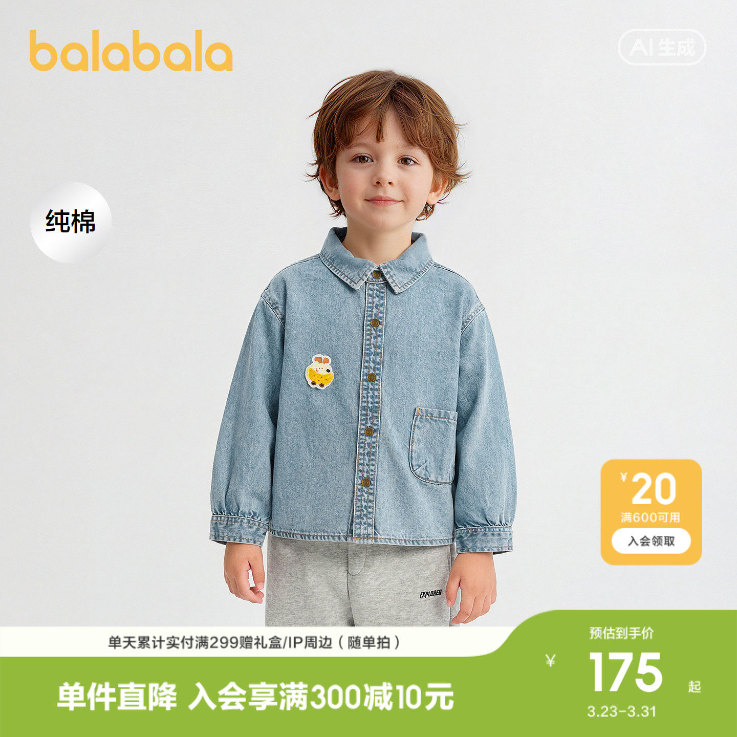 【商场同款】巴拉巴拉儿童长袖衬衫男童2026新款春装卡通绣花上衣