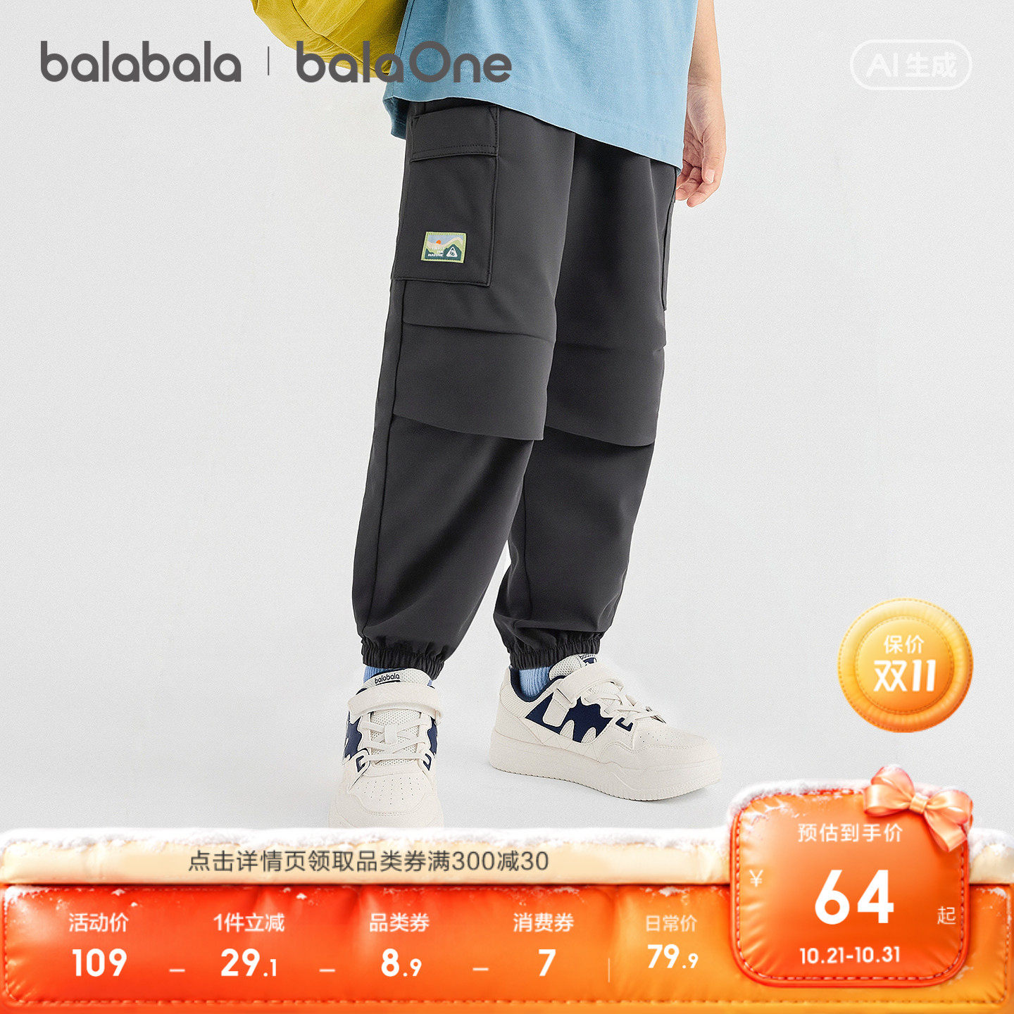【balaOne】巴拉巴拉童装儿童裤子男童女童长裤2026新秋装伞兵裤