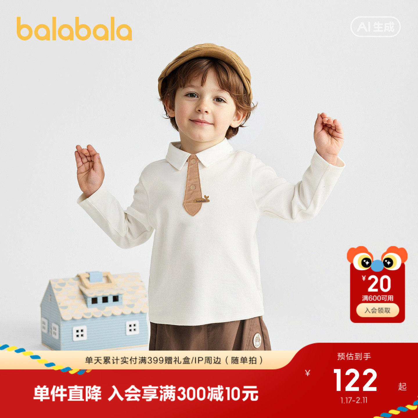 【商场同款】巴拉巴拉童装儿童长袖t恤男童2026新春装领带半开襟,童装/婴儿装/亲子装,T恤,淘宝优惠券,粉丝福利购,淘宝优惠卷