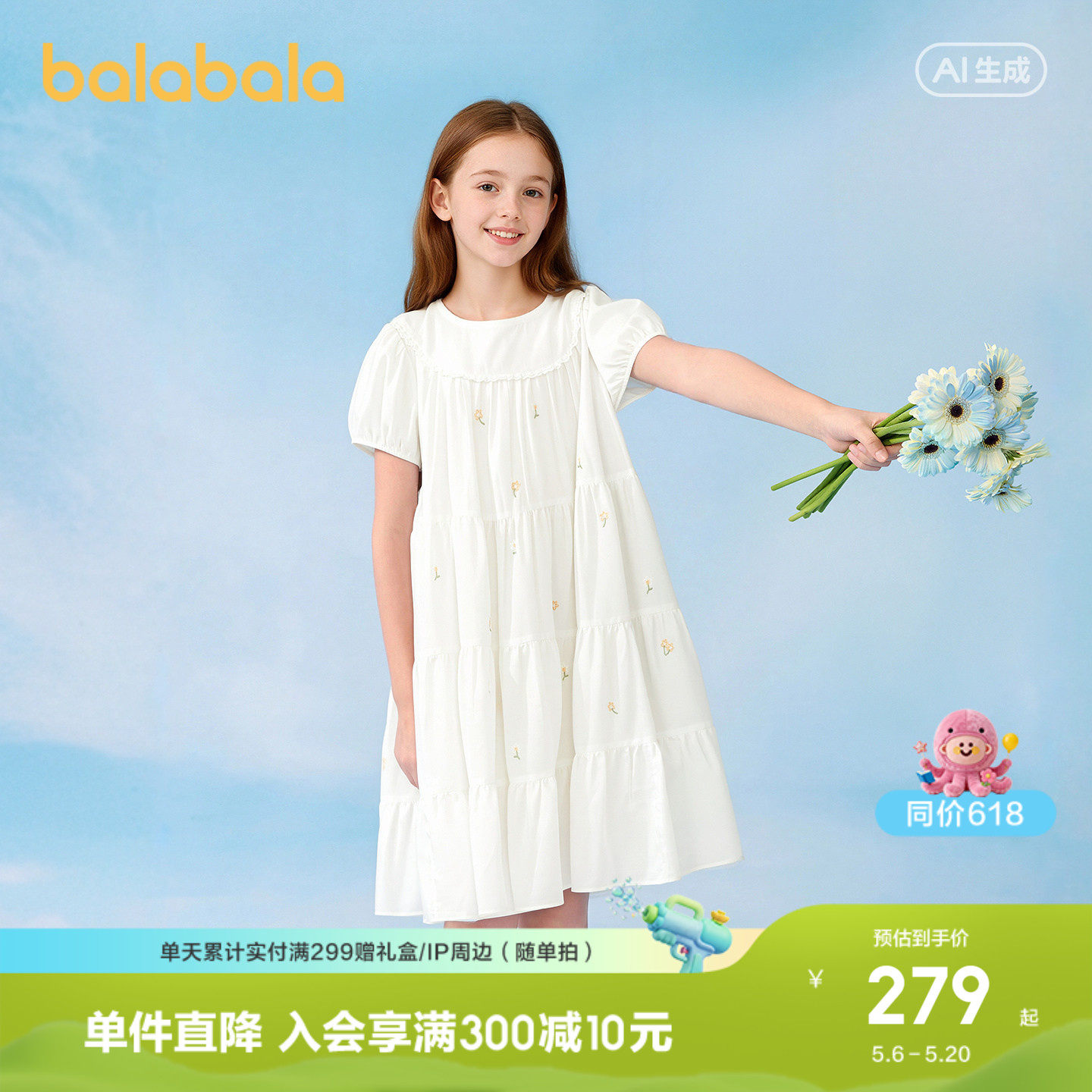 【商场同款】巴拉巴拉女童裙子儿童连衣裙2026新款夏装公主裙刺绣