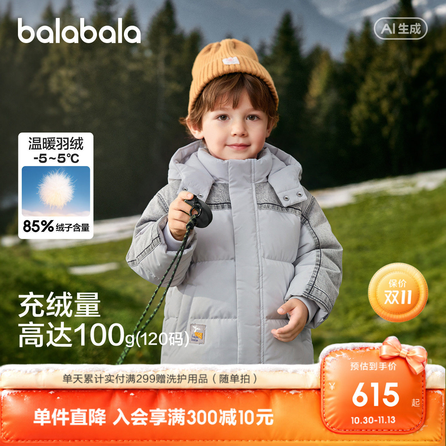 巴拉巴拉羽绒服男童牛仔拼接外套