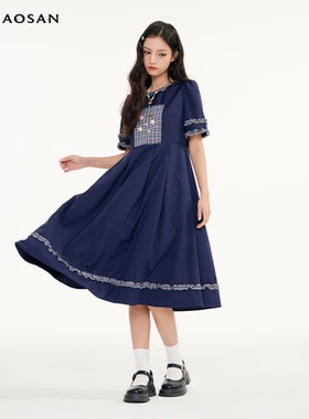 寅卯叁ym3原创双色可选花边格子贴布连衣裙女夏小个子显瘦中长裙